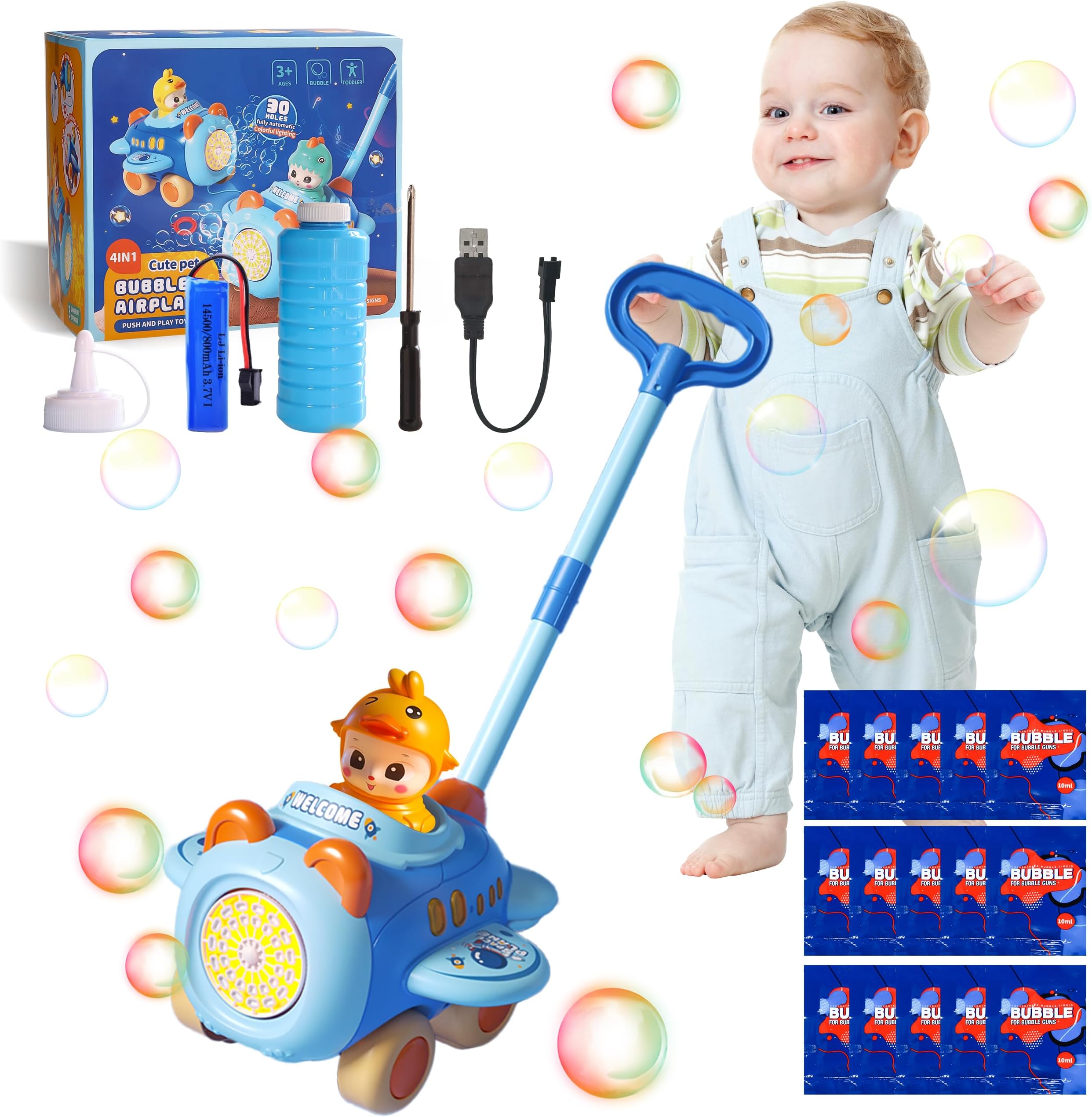 Bubble Mover Push Toy for Toddlers - Summer Outdoor Bubble Machine, Toddler Toys in The Shape of an Aeroplane for Age 3 4 5 Year Old Preschool Kid Boys Girls Birthday Gifts (Blue)