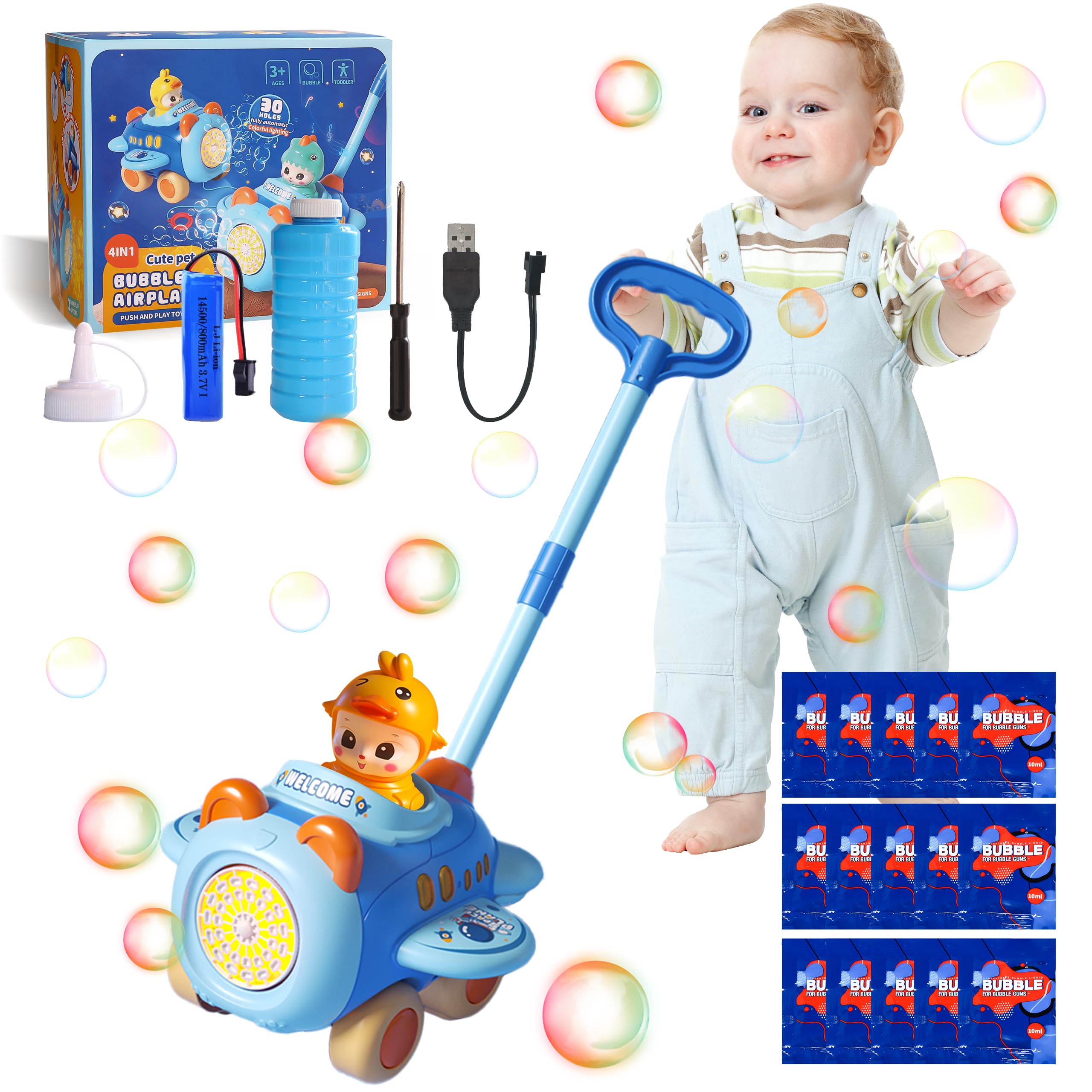 Bubble Mover Push Toy for Toddlers - Summer Outdoor Bubble Machine, Toddler Toys in The Shape of an Aeroplane for Age 3 4 5 Year Old Preschool Kid Boys Girls Birthday Gifts (Blue)