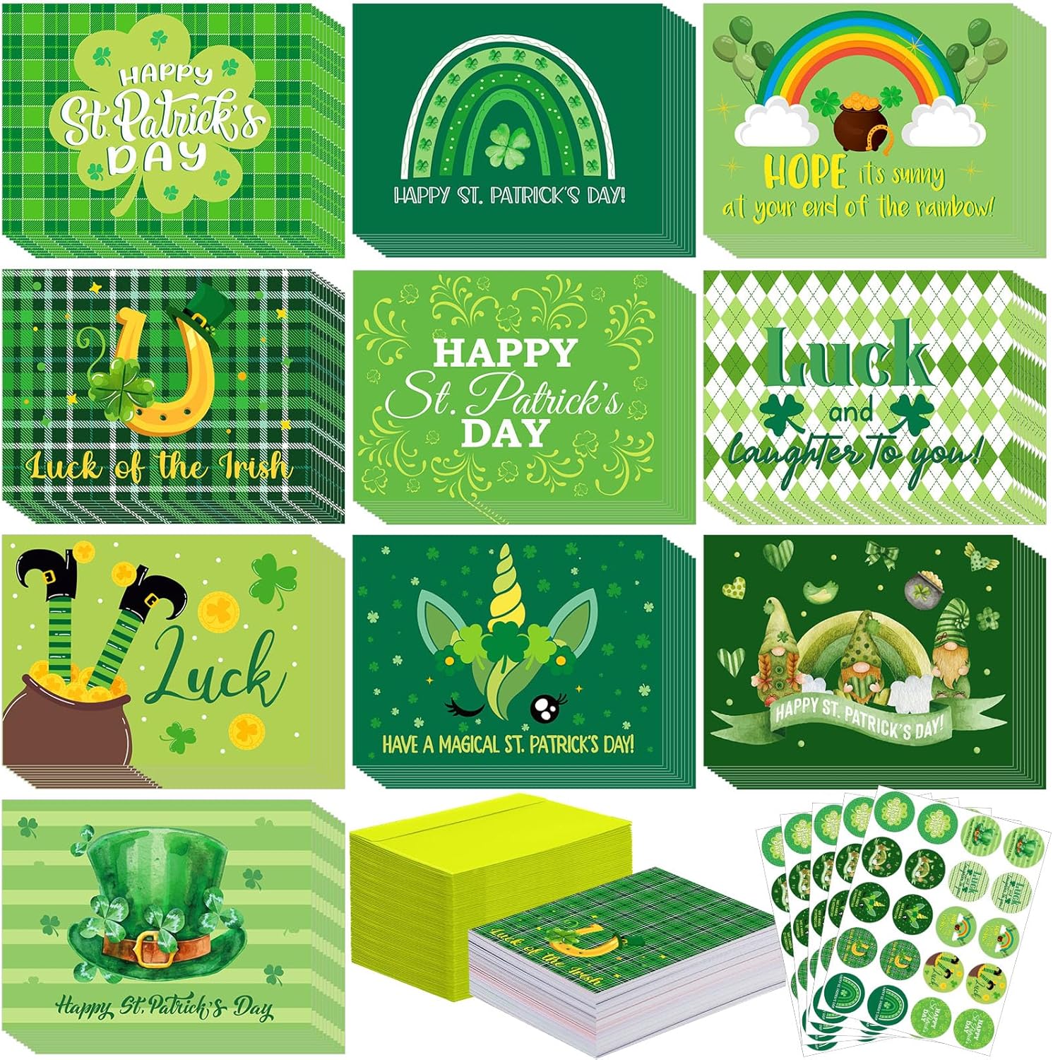 Yeaqee 100 Pack St. Patrick's Day Cards Bulk with Envelopes and Stickers Luck Shamrock Green Greeting Cards Folded Designs for Saint Patricks Day Holiday Party Gifts