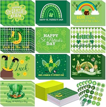 Yeaqee 100 Pack St. Patricks Day Cards Bulk with Envelopes and Stickers Luck Shamrock Green Greeting Cards Folded Designs for Saint Patricks Day Holiday Party Gifts