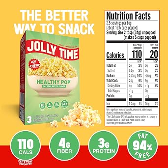 Jolly Time Healthy Pop Buttery Microwave Popcorn, Low Fat Gluten Free Non-GMO, 3oz Sharing Bag, 3 Bags Per Carton (Healthy Pop - Butter & Sea Salt, 3 Ounce (Pack of 12))