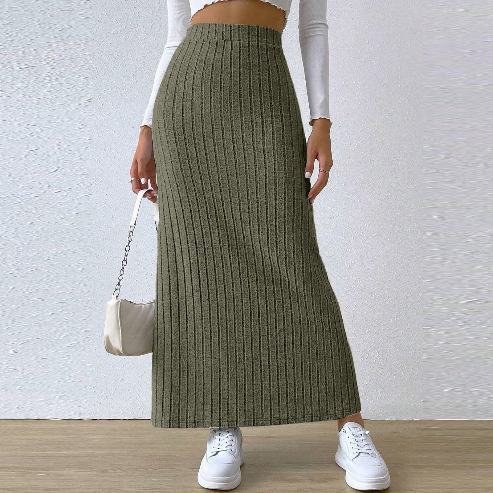 Damen Strickrock High Waist Bleistiftrock Lang Elegant Midirock Winter Vintage Röcke mit Schlitz Bodycon Winterrock Slim Fit Freizeitrock Stretchrock