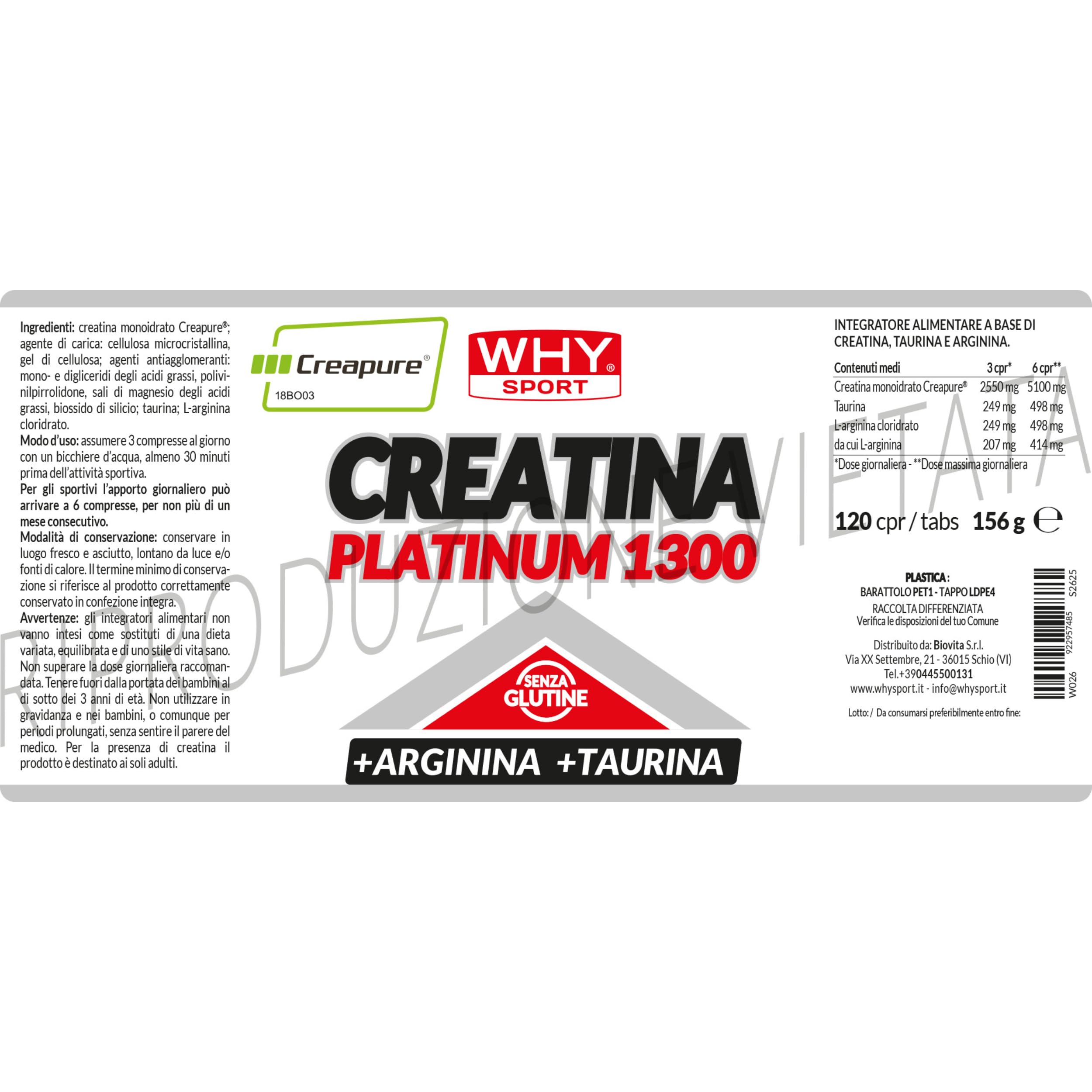 WHY SPORT CREATINA PLATINUM 1300 - Creatina - Pre Workout - Integratore Alimentare a Base di Creatina Monoidrato, Taurina e Arginina – 120 Compresse