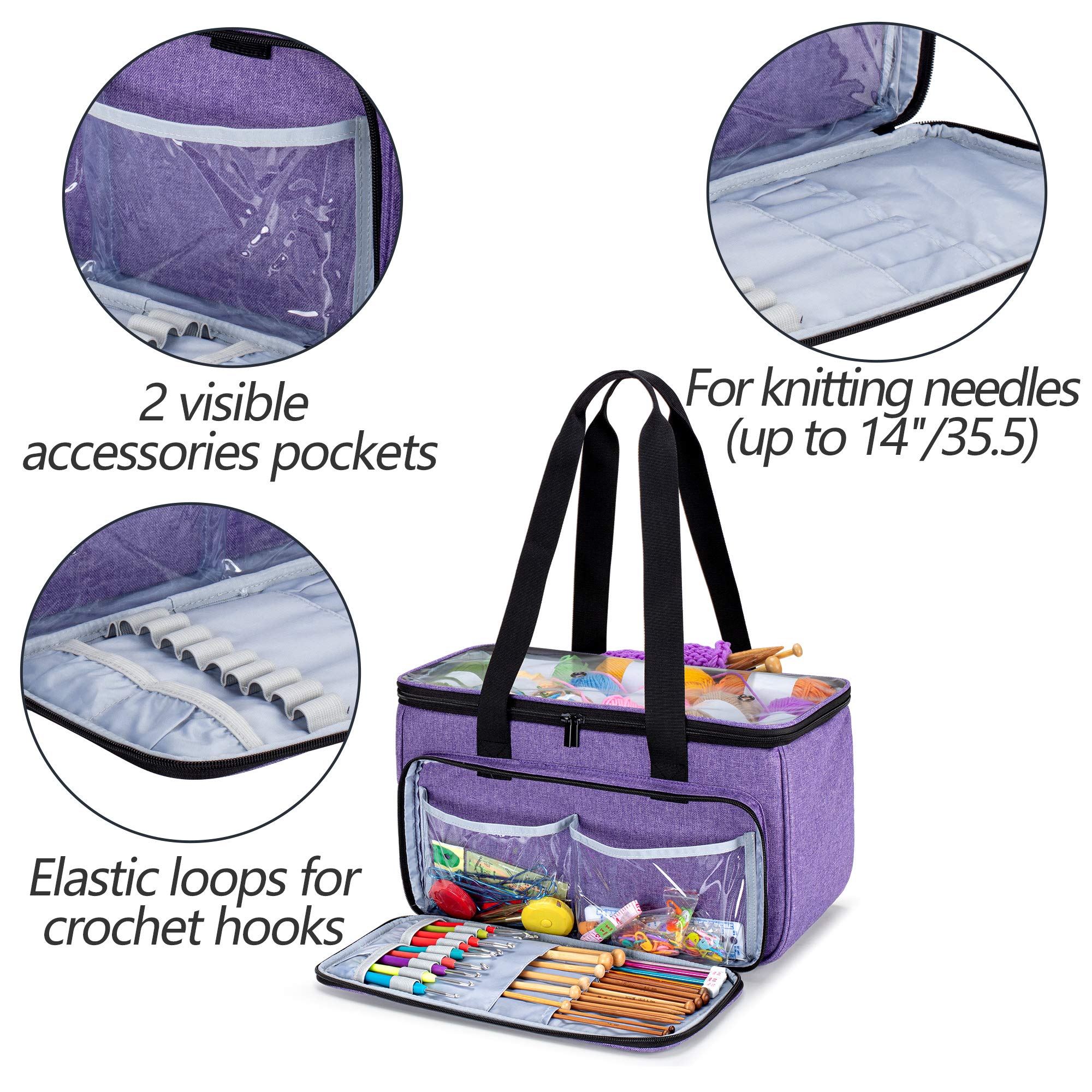 Yarwo Sac à Tricoter, Sac de Rangement pour Laine et Aiguilles à Tricoter, Organisateur avec Poches pour Projets Inachevés, Violet, Sac Vide