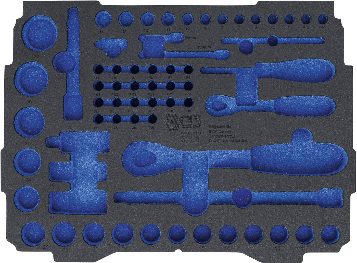 BGS Bandeja de espuma para BOXSYS1 & 2: Juego de llaves de vaso | 6,3 mm (1/4") / 12,5 mm (1/2") systainer® | 65 piezas