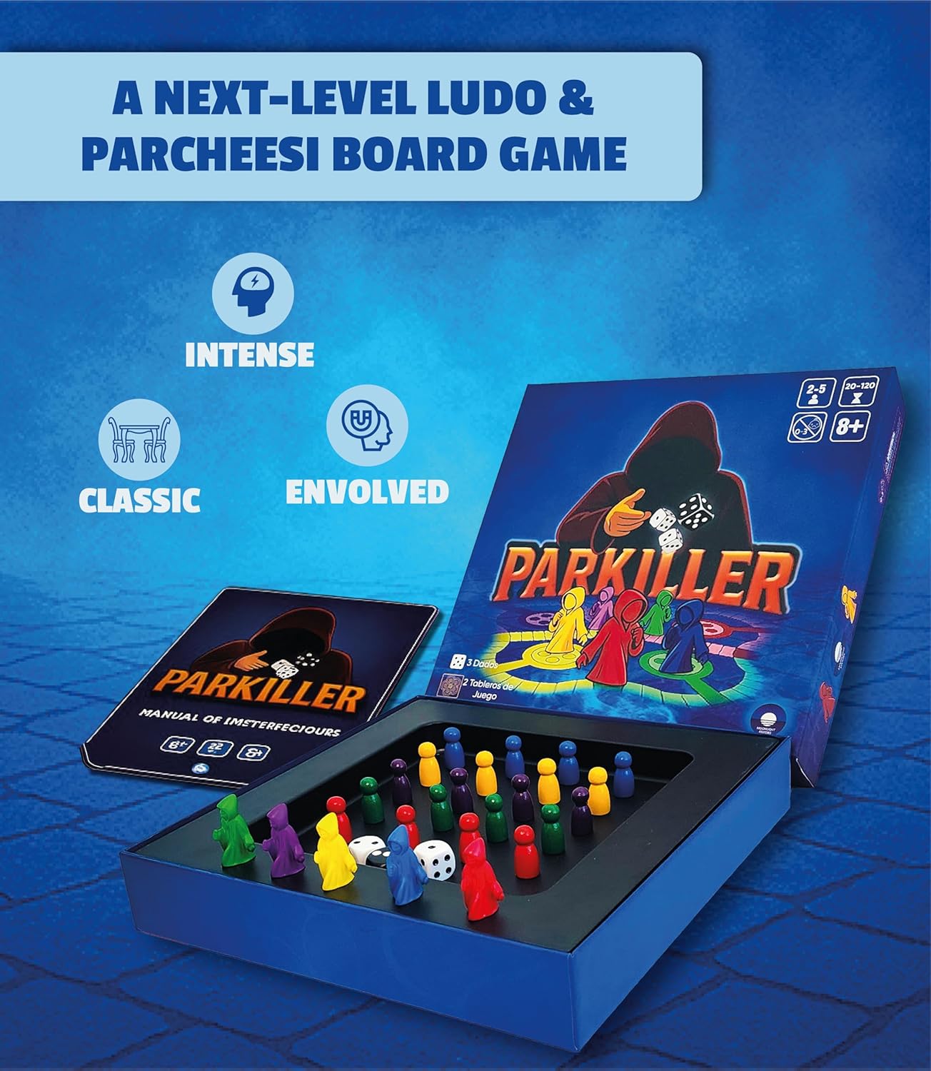 Classic Parcheesi Ludo Board Game for Four Players as Always Plus Three Innovative Boards for Two Three and Five Players Two Game Modes the Classic or the New PARKILLER Mode More Exciting and Fun