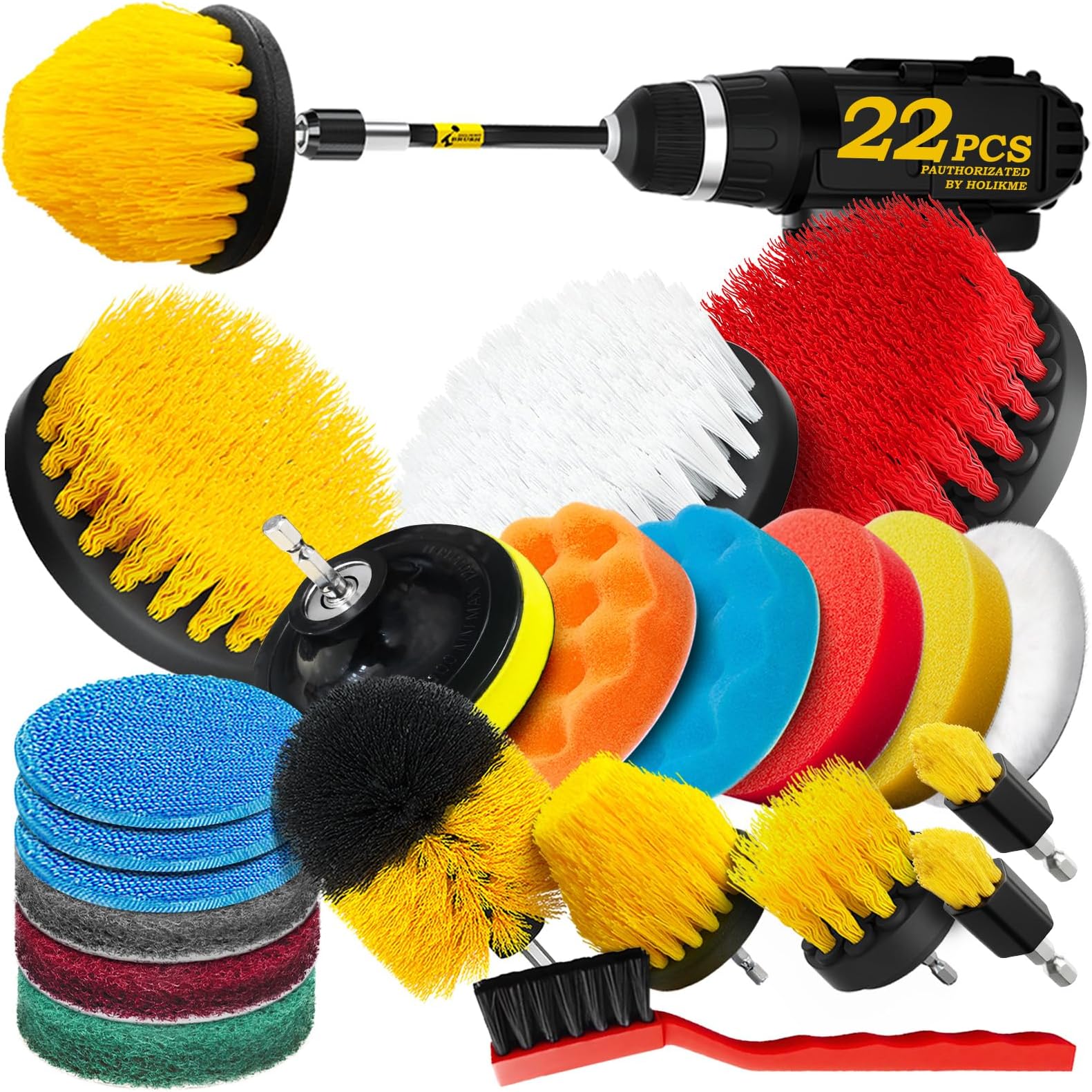 Holikme 22Pack Drill Brush Attachments Set,Scrub Pads & Sponge, Buffing Pads,Power Scrubber Brush,Car Polishing Pad Kit,Wax Applicator Pad,Car Cleaning Kit,Masonry Brushes,Cleaning Supplies