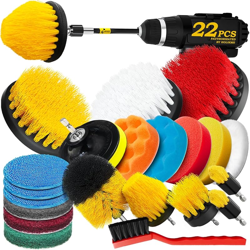 Holikme Juego de 22 accesorios para cepillos de taladro, almohadillas para fregar y esponja, almohadillas para pulir, cepillo limpiador eléctrico, kit de almohadillas para pulir automóviles, almohadilla aplicadora de cera, kit de limpieza para automóviles, cepillos para mampostería, suministros de limpieza | Esponjas para pulir, herramientas para lechada de nailon, almohadillas de cera de microfibra, azulejos, bañera, suelos de ducha, cocina, detalles interiores del auto, amarillo