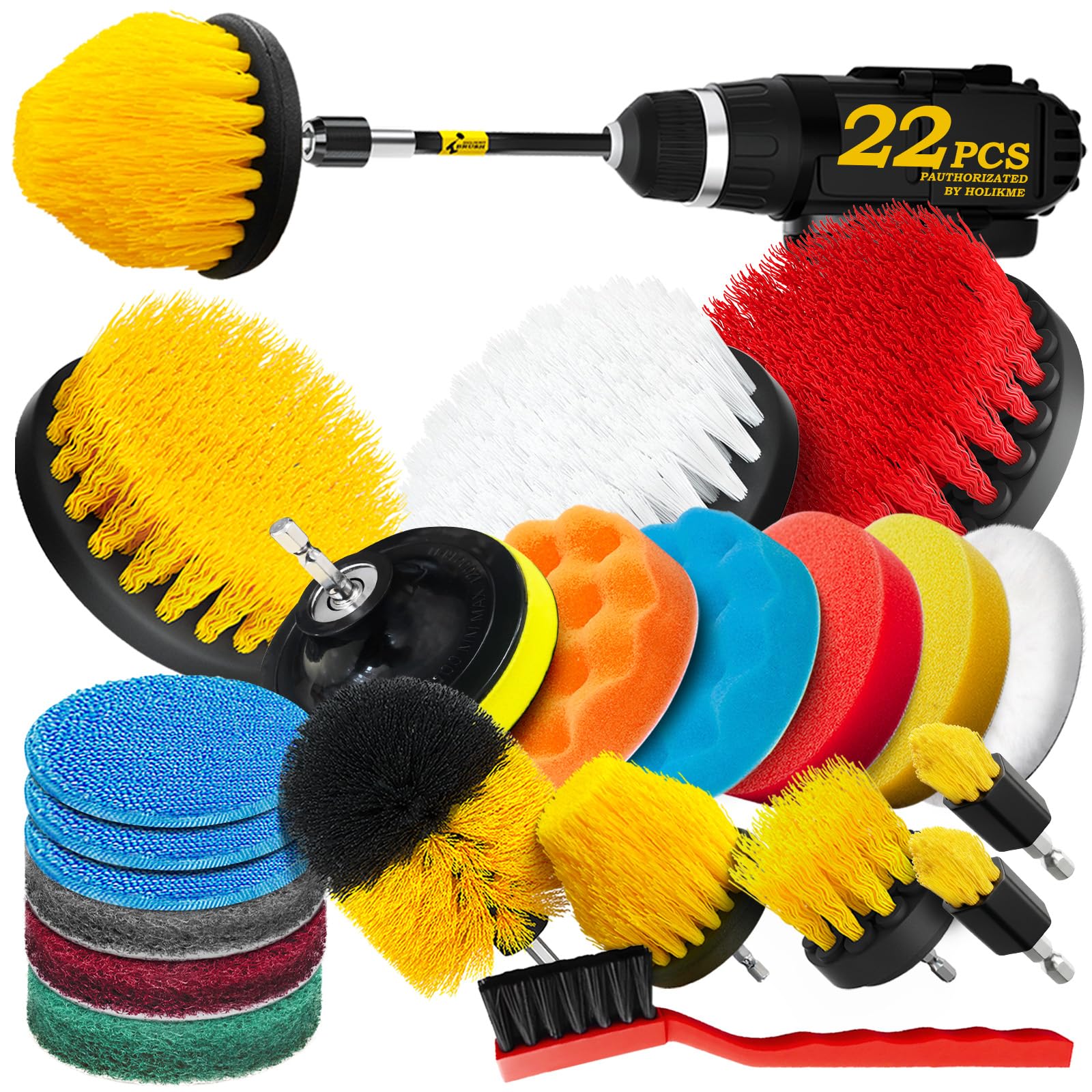Holikme 22Pack Drill Brush Attachments Set,Scrub Pads & Sponge, Buffing Pads,Power Scrubber Brush,Car Polishing Pad Kit,Wax Applicator Pad,Car Cleaning Kit,Masonry Brushes,Cleaning Supplies