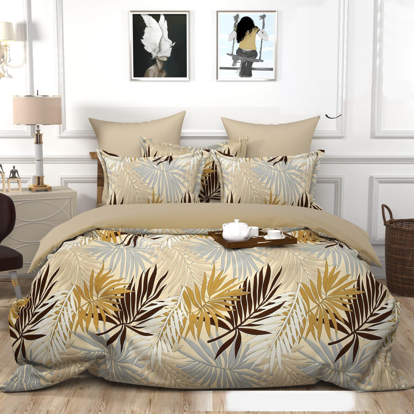 ARIHANT BEDSHEET Floral Geometric Duvet Cover Set, 2 Piece with Pillow Cover, Peach and Grey Pattern, Twin Size(60'' x 90''), Glace Cotton (Cream)-image-38