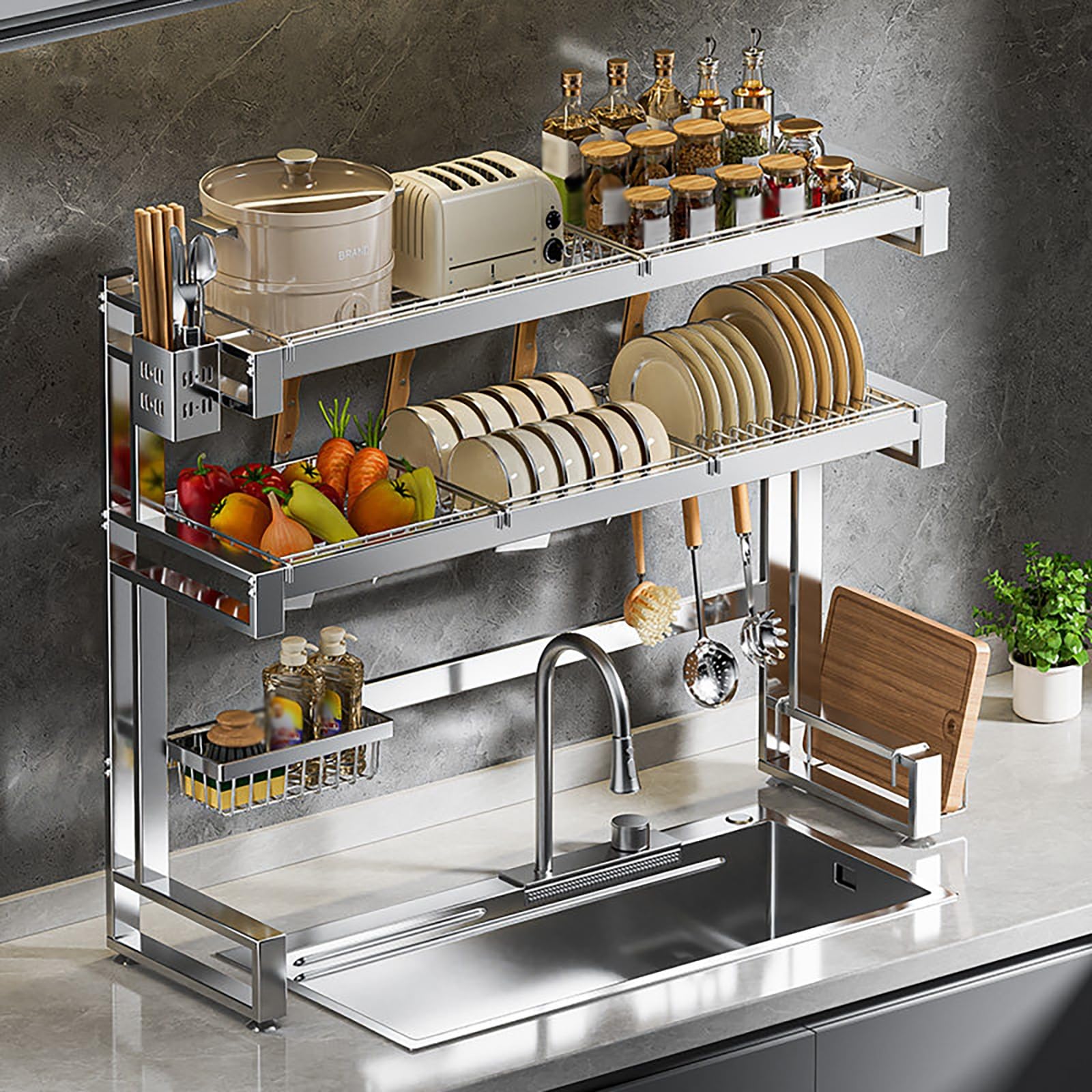 Scolapiatti sopra il lavello, in acciaio inox, a 2 ripiani, con porta utensili per piatti e ciotole, design salvaspazio