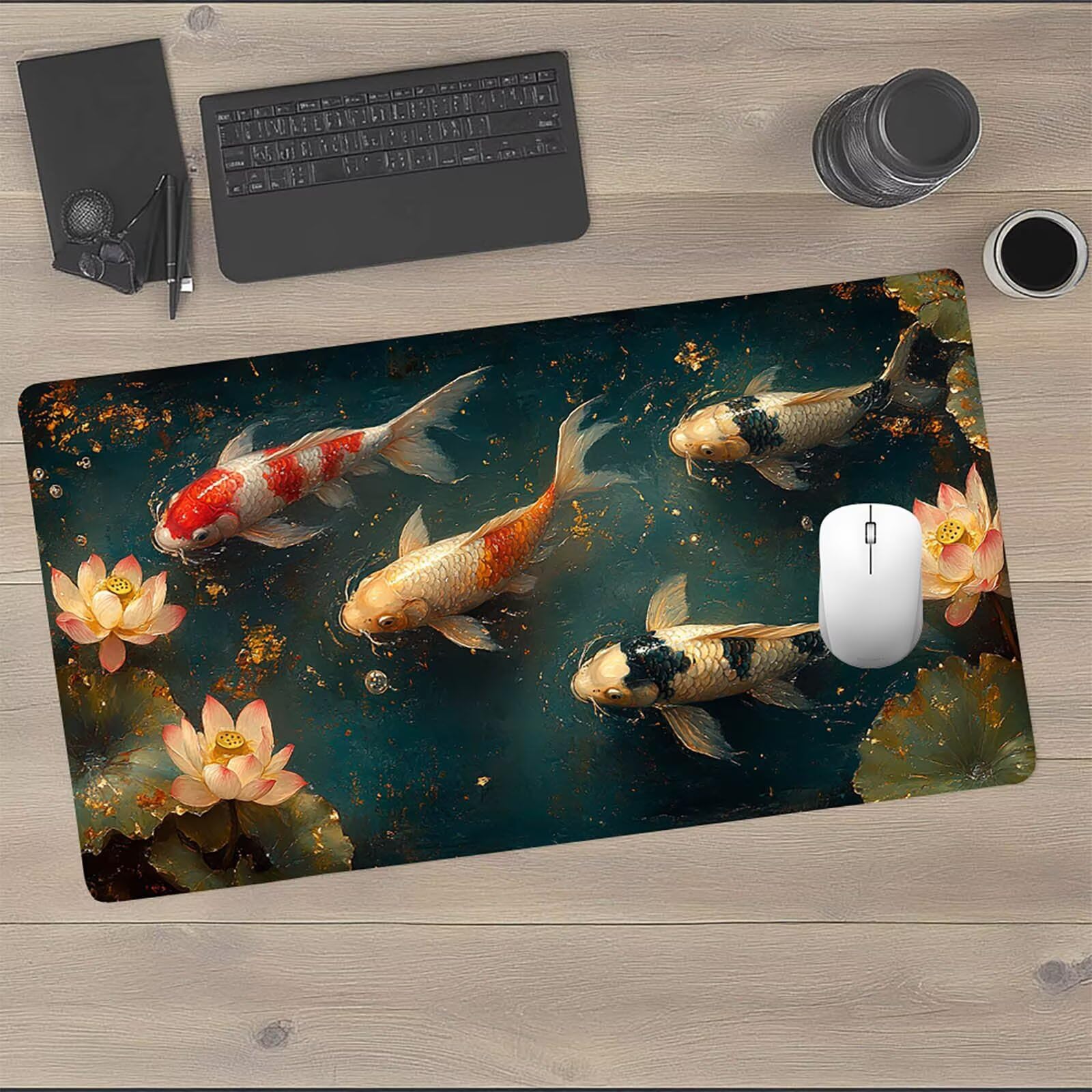 Gamingowa podkładka pod mysz XXL, kwiat, ryba, podkładka pod mysz 1200 x 600 x 3 mm, wodoodporna, antypoślizgowa podkładka na biurko, poprawia precyzję i prędkość, akcesoria gamingowe na biurko, model