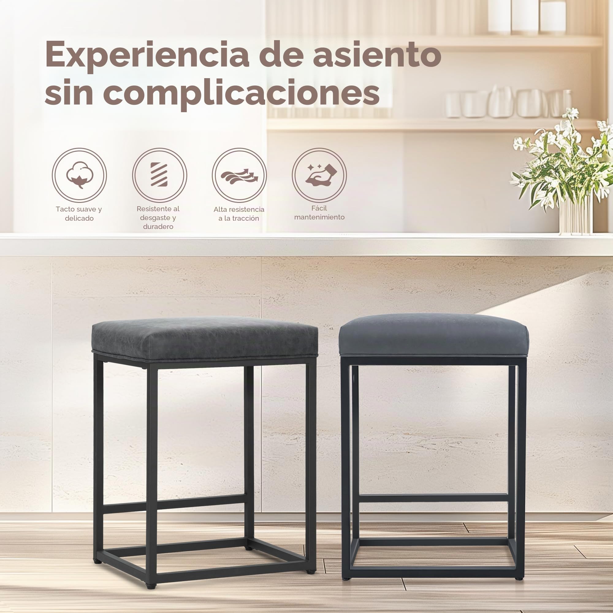 ALPHA HOME 2 taburetes de bar con reposapiés, sillas de cocina, de piel sintética, sin respaldo, taburetes de bar, para interior y exterior, comedor, bar en
