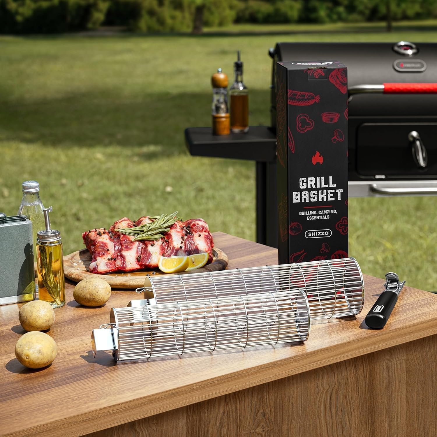 SHIZZO Rollgrillkorb, Stabiler Zylindergrill, Lebensmittelechter Edelstahl, Großer Tragbarer Grillnetzständer Für Camping Im Freien, Kochgriller Für Fisch, 2Er-Set