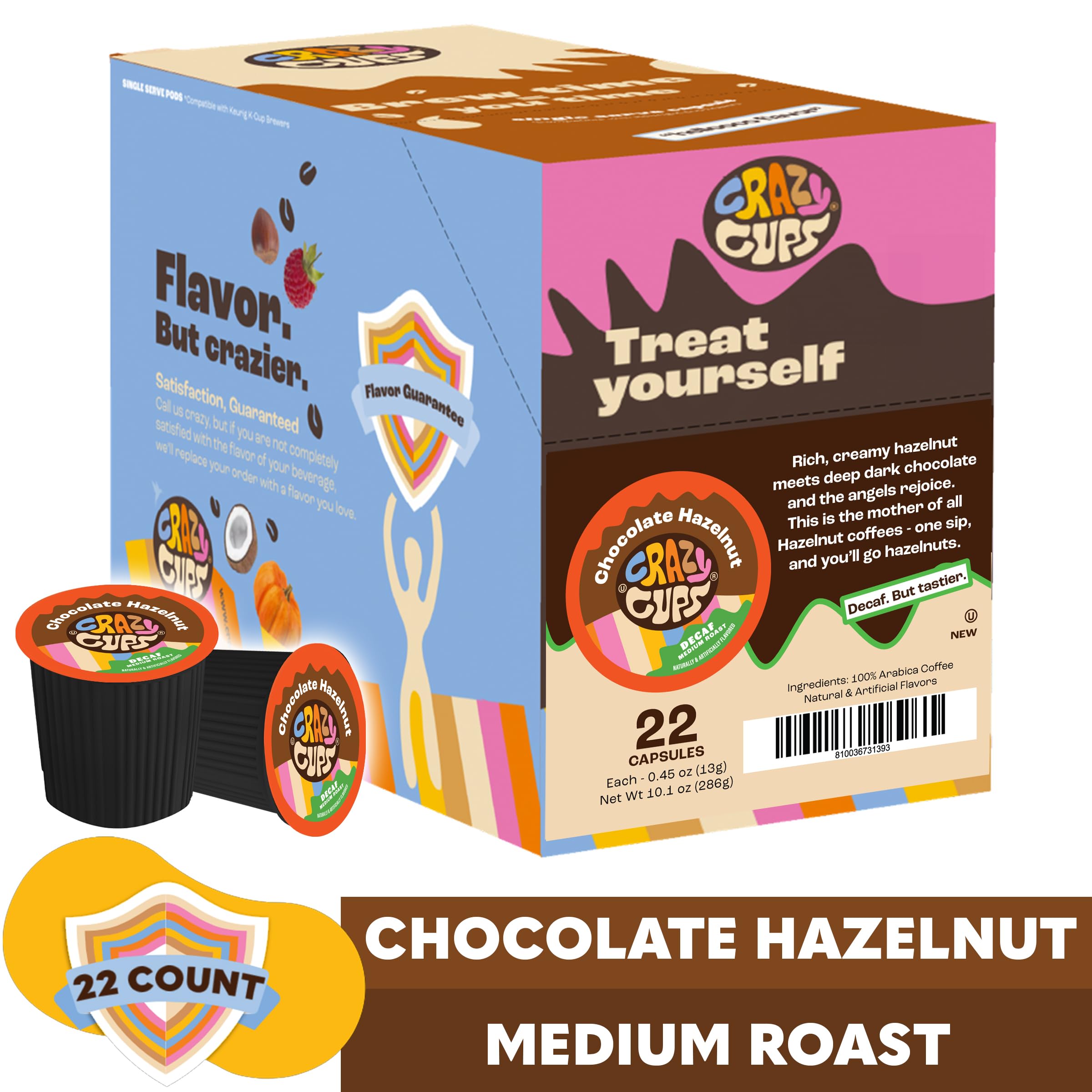 Crazy Cups Masa descafeinada y luego avellana, cápsulas de café descafeinadas con sabor a avellana, porción única de café tostado mediano caliente o helado para máquinas Keurig K Cup (1