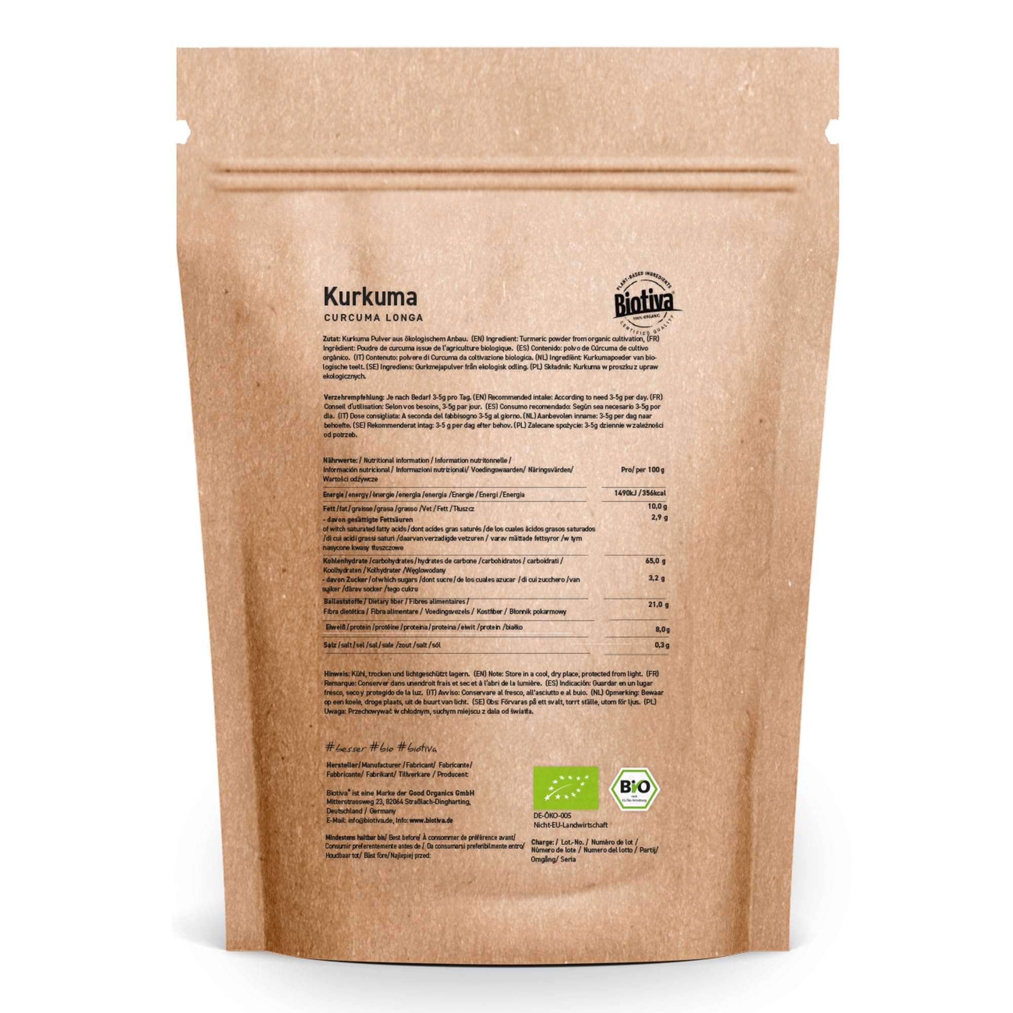Curcuma In Polvere bio 2000g (2x1000g)- 3% Curcumin - 100% Puro e Naturale - Superfood - radice pura di curcuma preziosa - busta richiudibile - confezionato in Germania - Biotiva