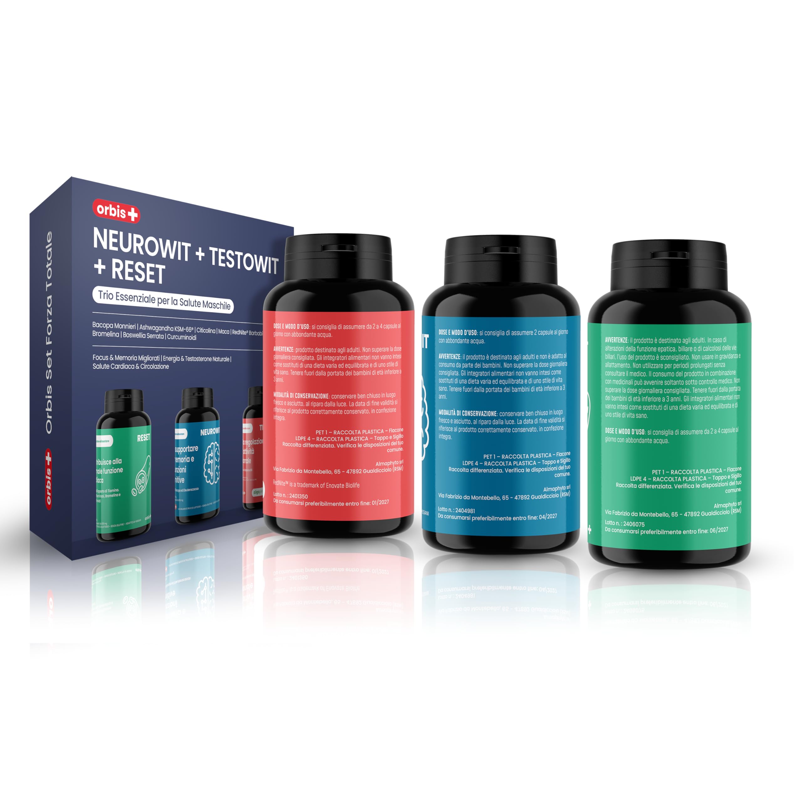 ORBIS NEUROWIT + TESTOWIT + RESET | Set Forza Totale Uomo | Supporto Cognitivo, Ormonale e Cardiaco Naturale | Con Bacopa, Ashwagandha, Curcuminoidi, Muira Puama e RedNite® | 330 Capsule
