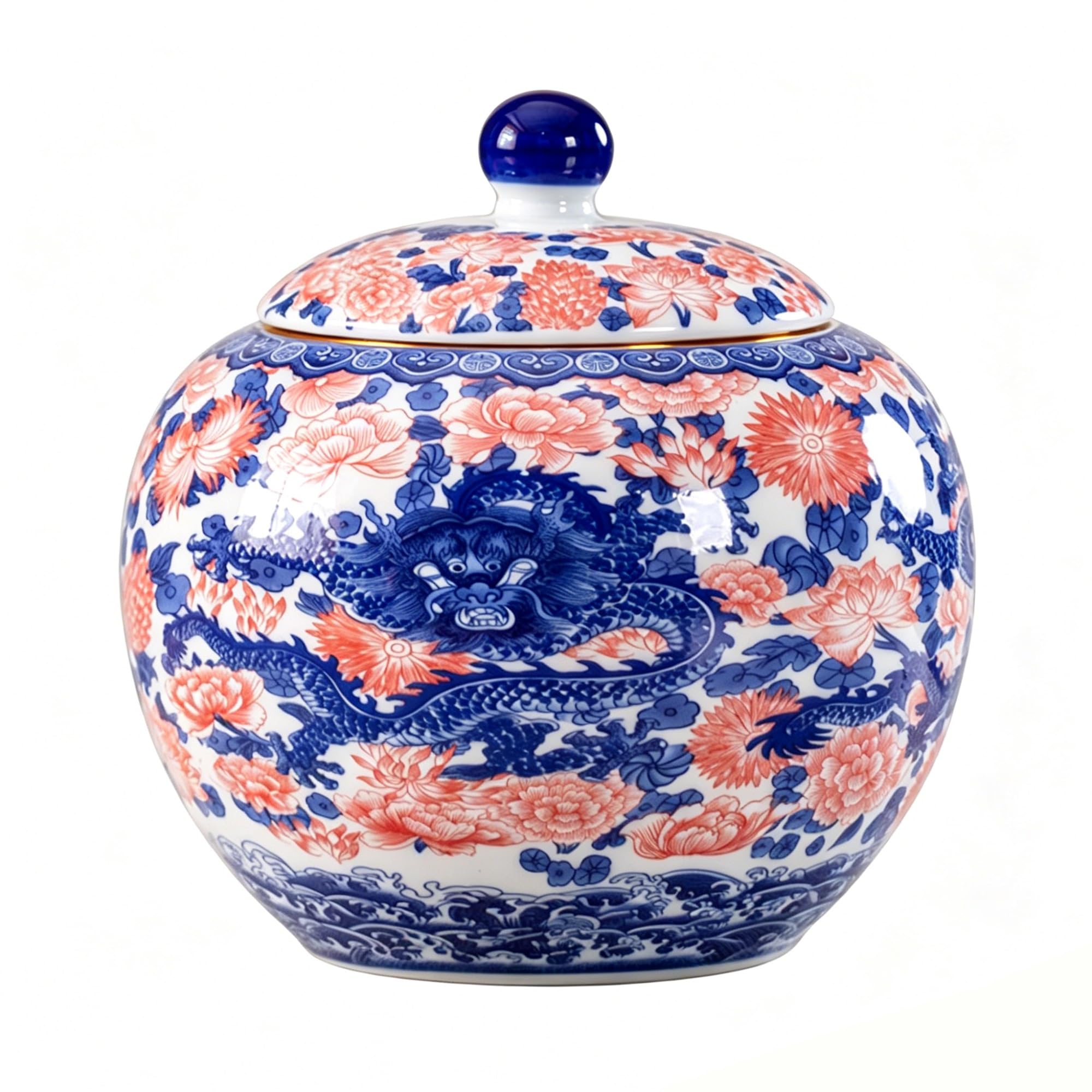 MMleYN Chinoiserie Enamel Ginger Jar With Airtight Twist Lid, Hand-Painted Round Ceramic Decorative Jar, Vintage Porcelain Food Canister For Loose Tea, Coffee Beans(B)