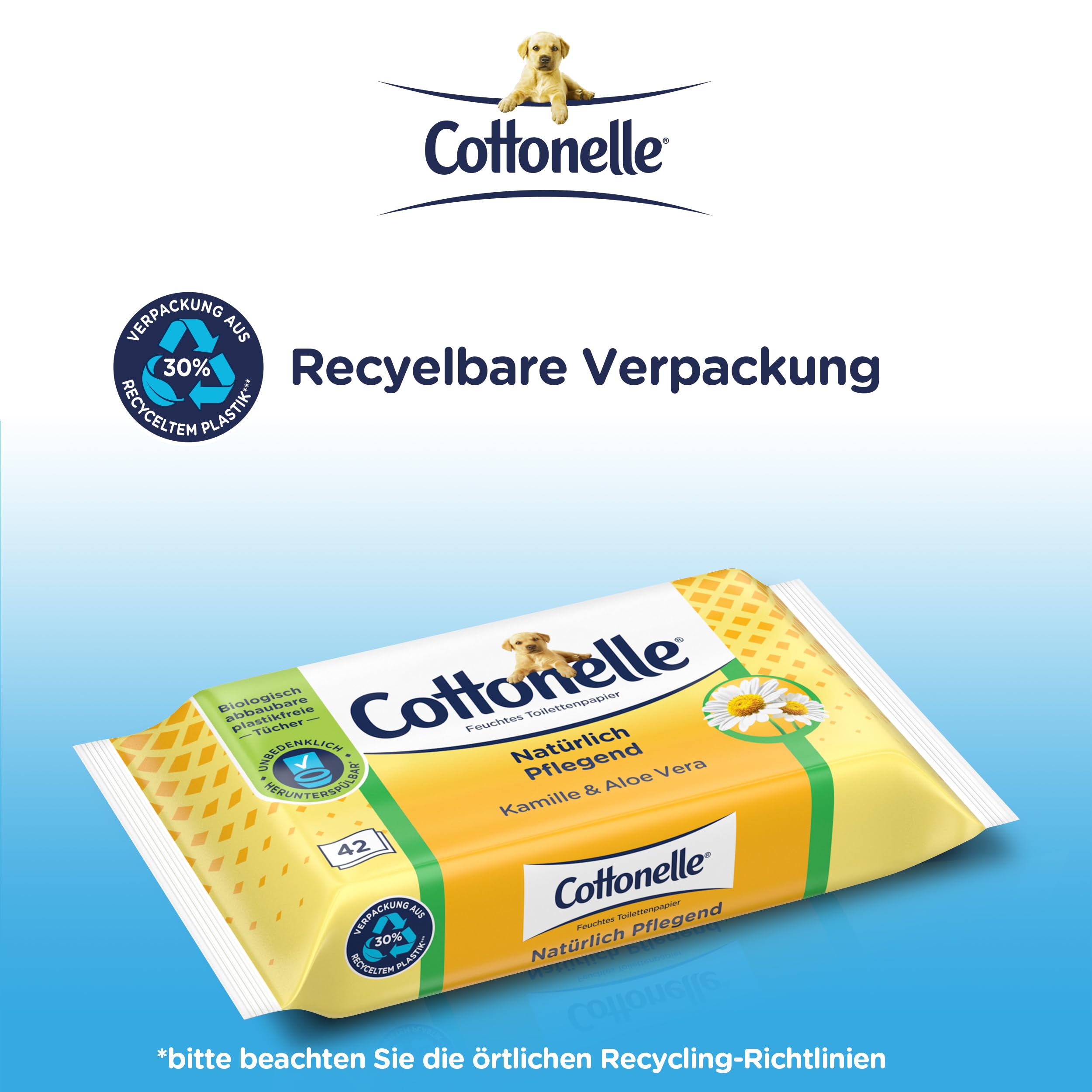 Cottonelle Carta igienica umida, naturale nutriente, camomilla e aloe vera, biodegradabile, senza plastica, richiudibile, confezione conveniente, 12 x 42 salviettine umidificate