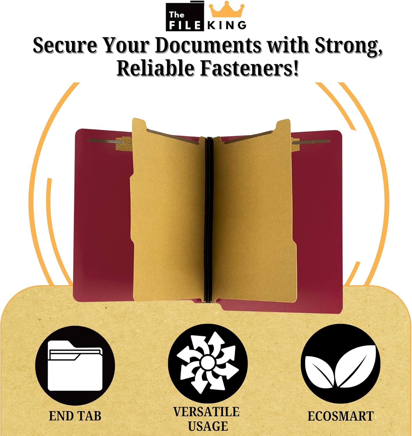 The File King Two Divider Pressboard Classification Red File Folder - Letter Size | Box of 10 | End Tab | 2” Expansion | Six 2-Inch Fastener Prongs | Made in America