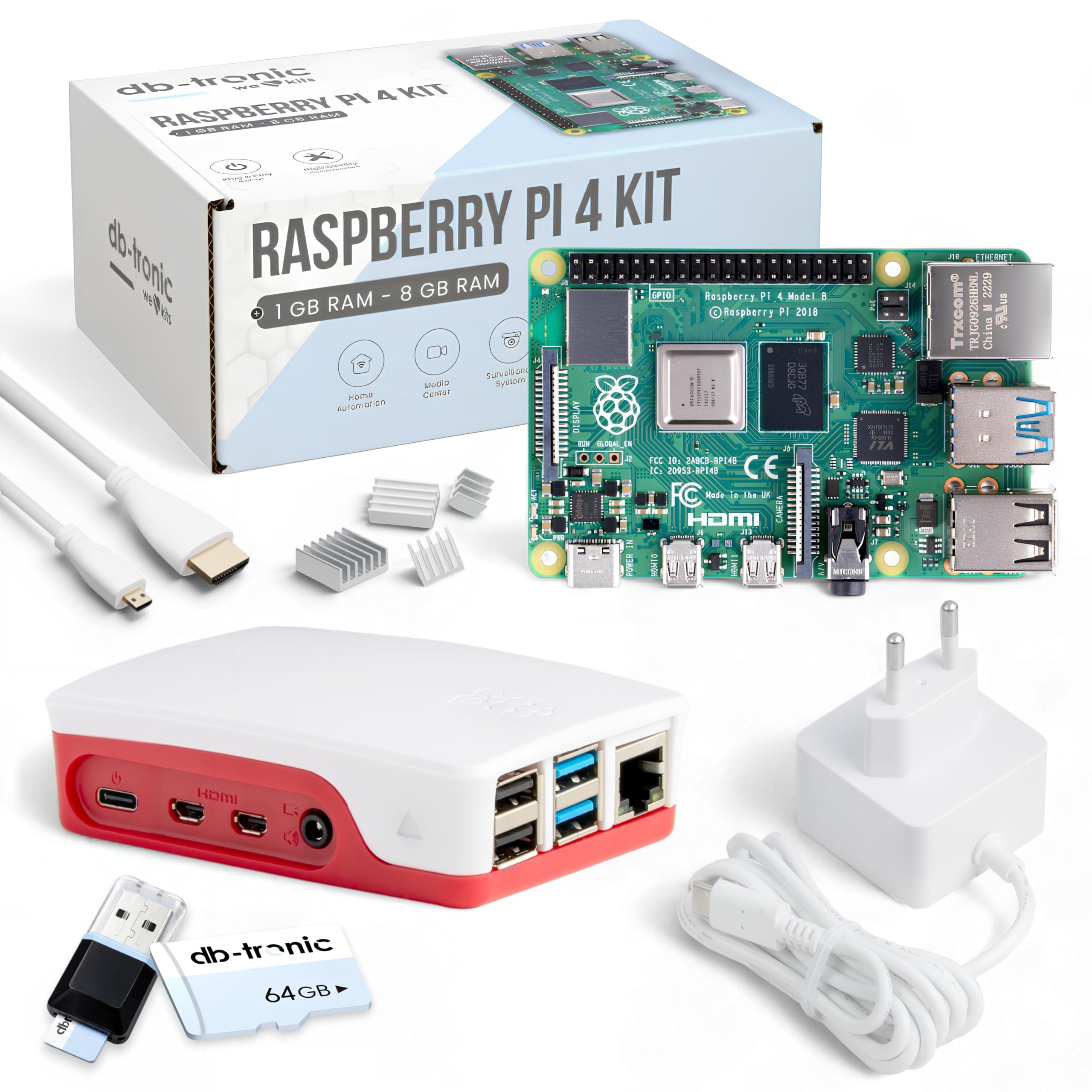 db-tronic Raspberry Pi 4 4 GB Starter Kit | Edizione da 64 GB | Alimentatore da 15 W | Alloggiamento | Cavo Micro HDMI 4K | Dissipatori | ideale per Home Assistant e la smart home