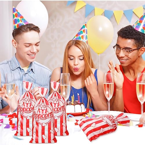 Miniatura 4 de Teling 100 bolsas de palomitas de maíz para fiestas, bolsas de dulces de galletas a rayas rojas y blancas con 150 lazos rojos para regalos de fiesta