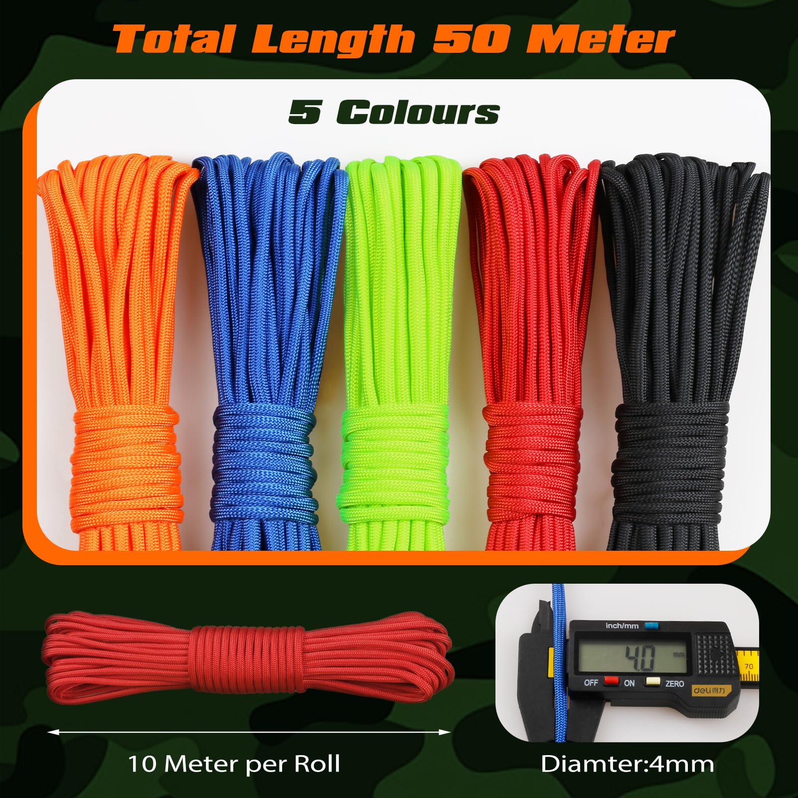VABNEER 5 Rotoli x 33ft/10m di Paracord, Paracord 4mm, 7 Fili Core Paracord 550 fino a 250 kg
