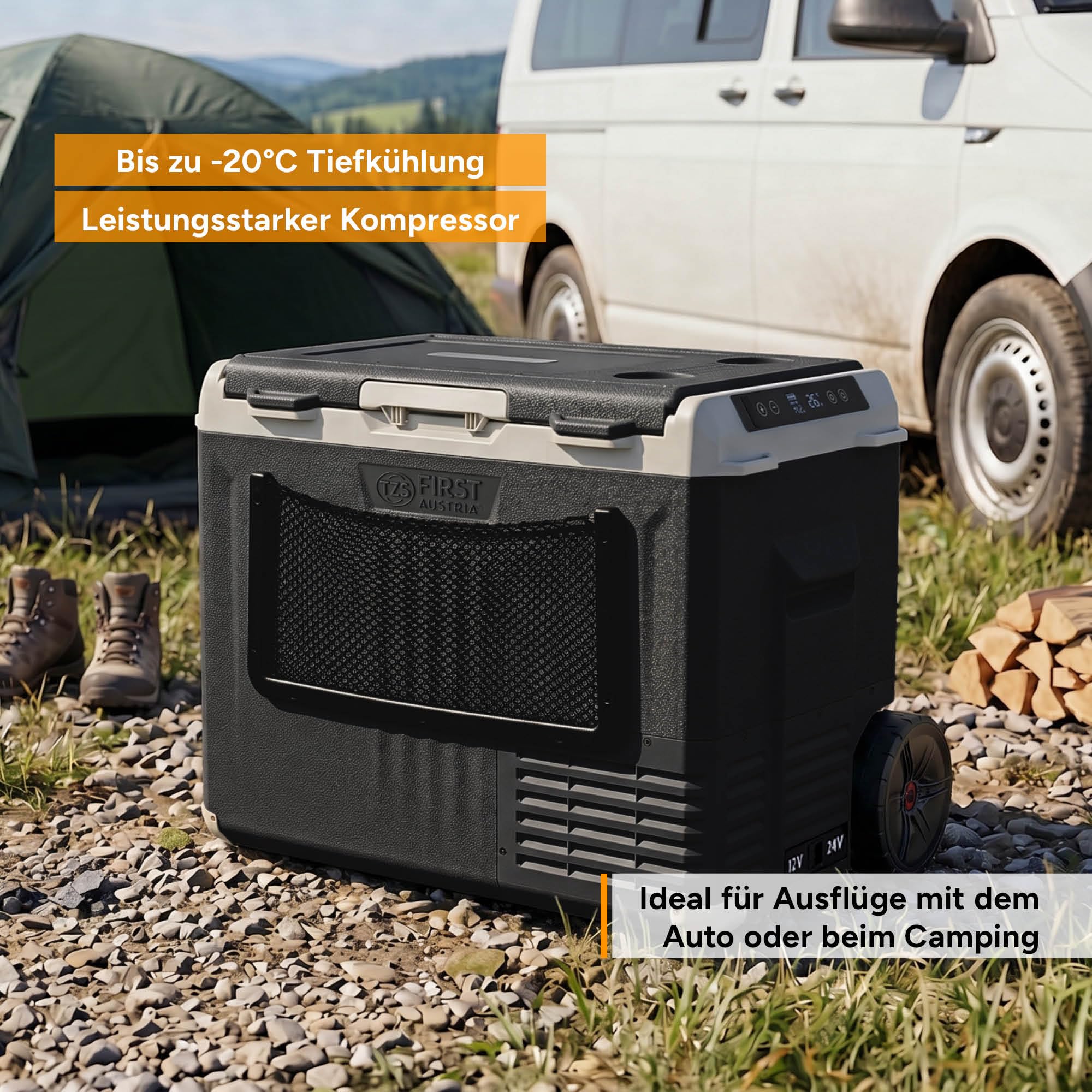 TZS First Austria - Kompressor-Kühlbox 40L - Energieklasse B - Kühlung bis -20°C - App per Bluetooth - 12/24V & 230V - USB-Ausgang - Trolley & Vollzubehör – Schwarz