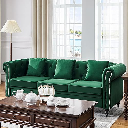 kinmars Chesterfield Sofá de terciopelo muebles de sofá de 3 plazas sofás para sala de estar con botones profundos sofá grande con brazos enrollados