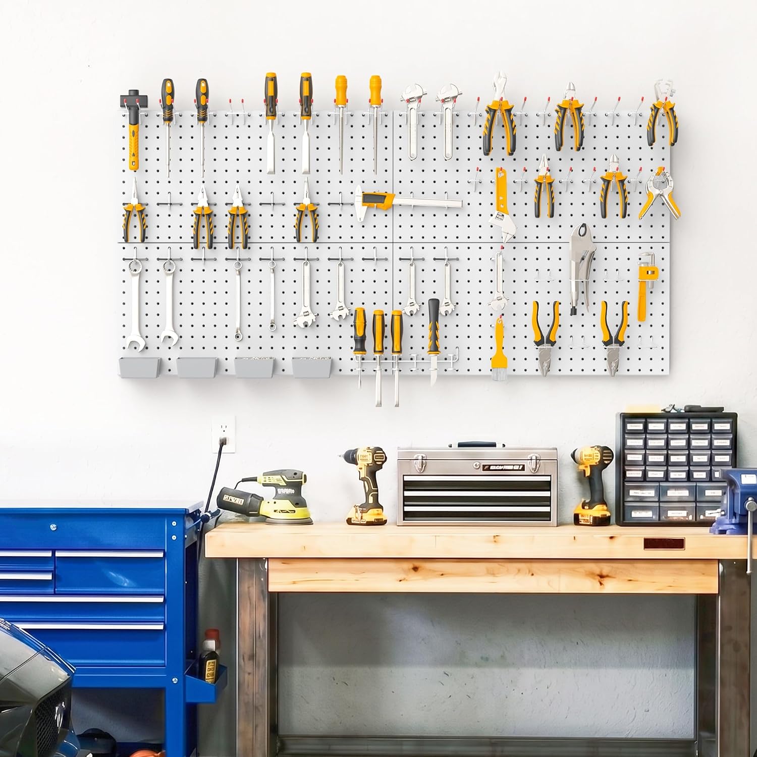 TORACK Garage Tools Organizer Boards Kit with Hooks, Grey | Modular Wall-Mounted Tool Storage Pegboard for Workbench, 4 12x24 in Panels with Hooks