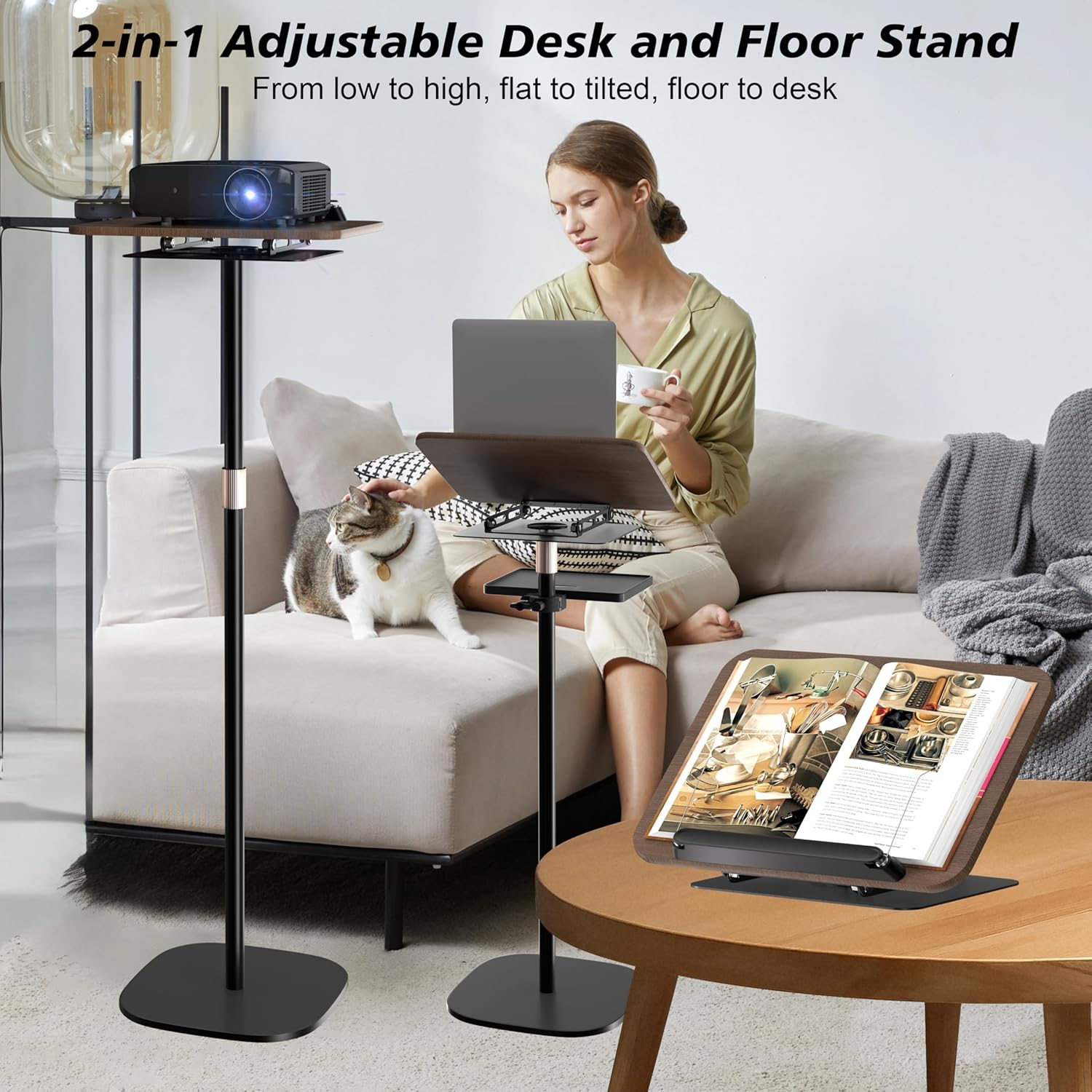 2 in 1 Book Holders for Reading Hands Free, Floor and Desktop Adjustable Book Stand with Page Clips for Music, Laptop, Cookbook, Projector