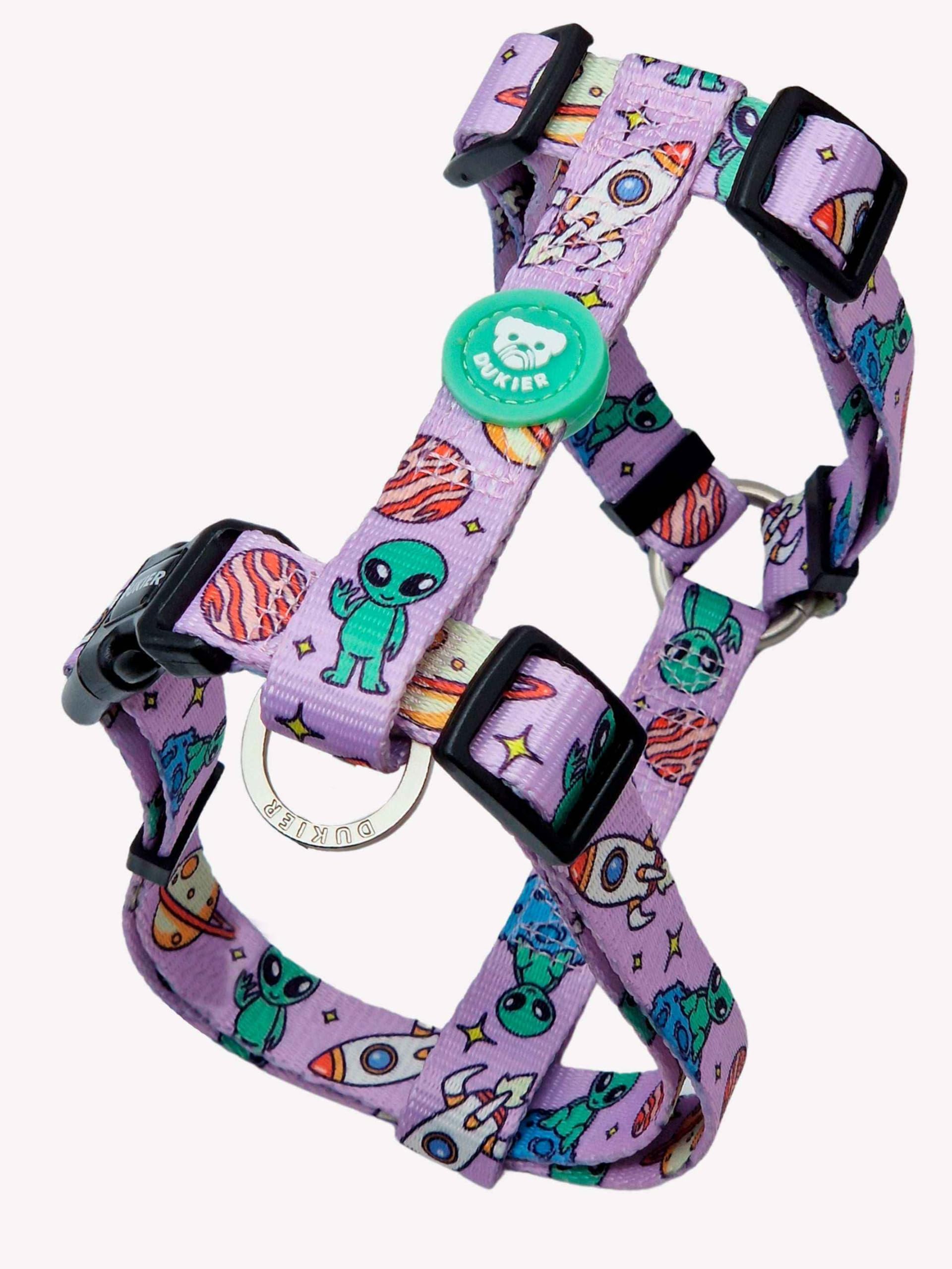 DUKIER Classic Dog Harness, Adjustable H-Shaped Anti-Pull Pet Vest with 4-Point Safety Lock, Alien Design, Purple, Size L