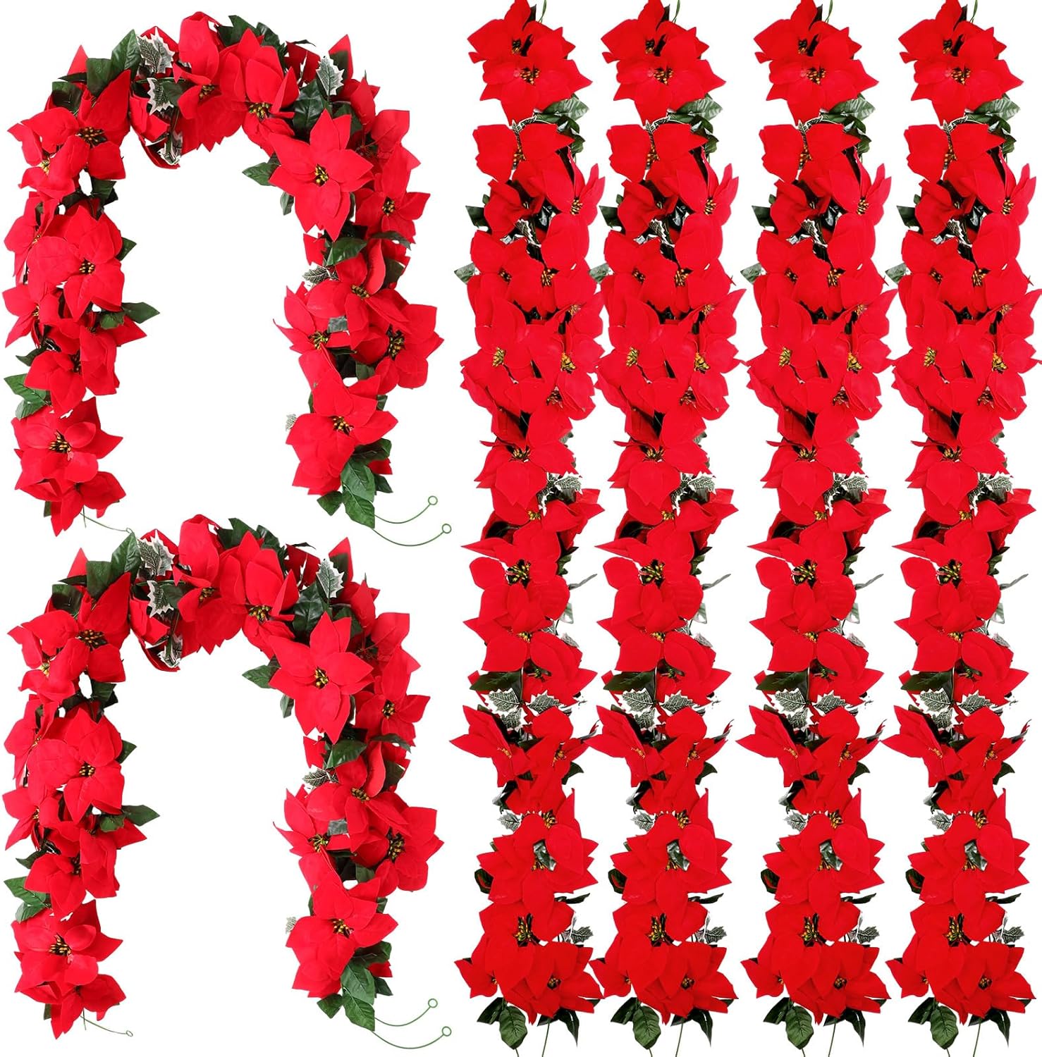 Crowye 10 Pcs Christmas Poinsettia Garland 65.62FT Artificial Red Poinsettia Flower Xmas Ornaments Decorations Bulk Faux Poinsettias with Holly Leaves for Christmas Tree Indoor Outdoor Party Red Poinsettia 10