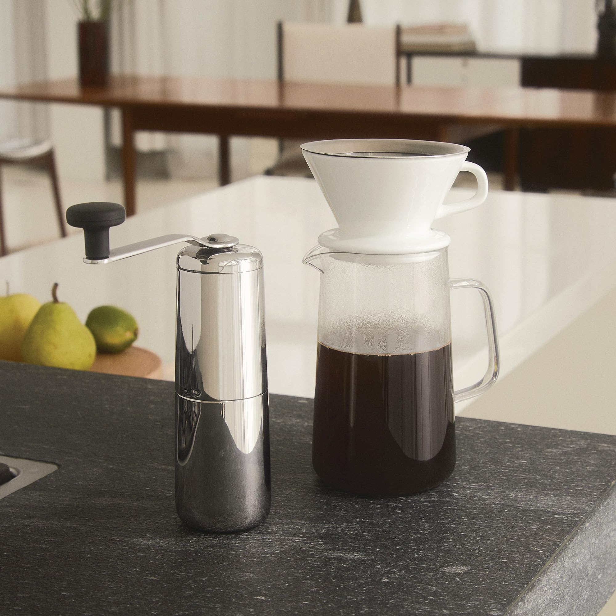 Alessi Slow coffee KT01SET Design powolny młynek do kawy, karafka, uchwyt filtra i zestaw filtrów siatkowych, stal nierdzewna 18/10