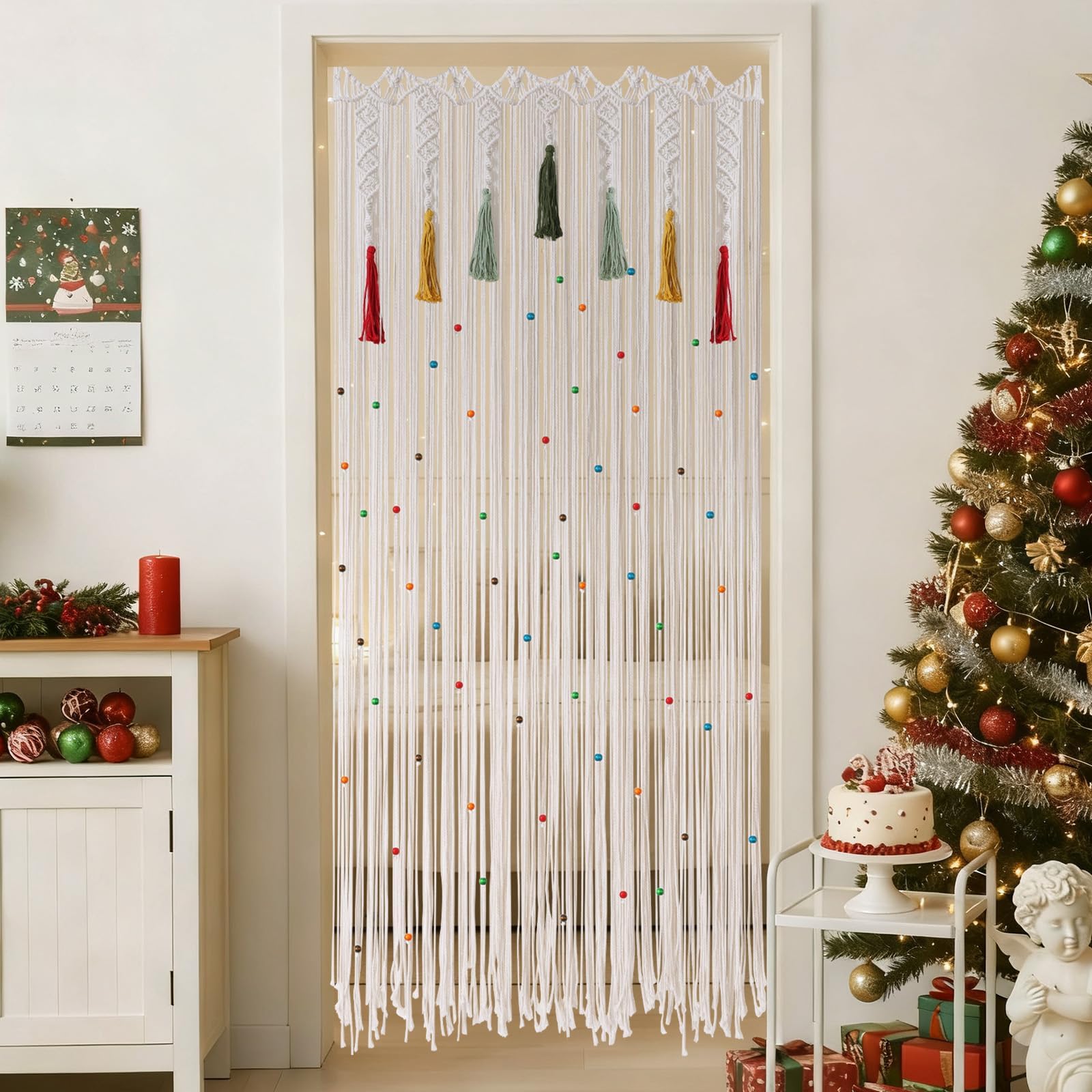 Boho Macrame Curtain with Colorful Tassels, 1 Panel 35" x 79" Handmade Beaded Curtain for Doorway, Window Curtains with Wood Beads, Bohemian Room Divider Wall Hanging Home Decor Wedding Backdrop
