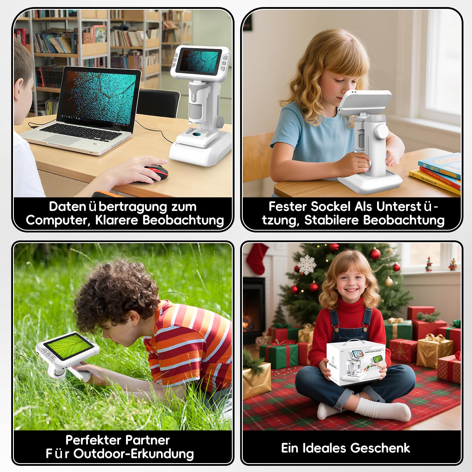 Charmofun Mikroskop für Kinder, Digitales Mikroskop mit 64GB Speicherkarte, Microscope for Kids mit 4 Zoll LCD-Display und 1600X Große Vergrößerung, Foto- und Videoaufnahme, Hand-und Stativfunktion