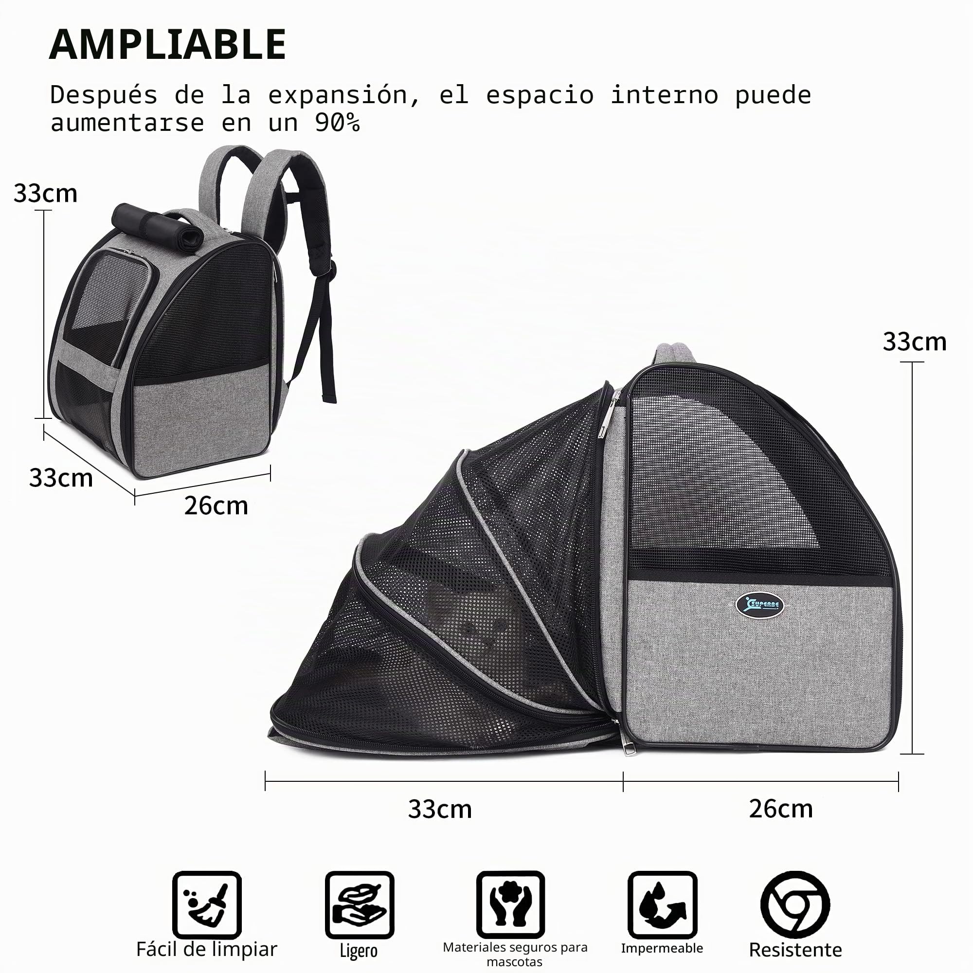 SUPERBE Mochila Gato Mochila Perro, Mochila Extensible para Perros Pequeños y Gatos, Aprobada por Aerolíneas, Diseño Ventilado para Viajes, Senderismo y Uso al Aire Libre (Gris)