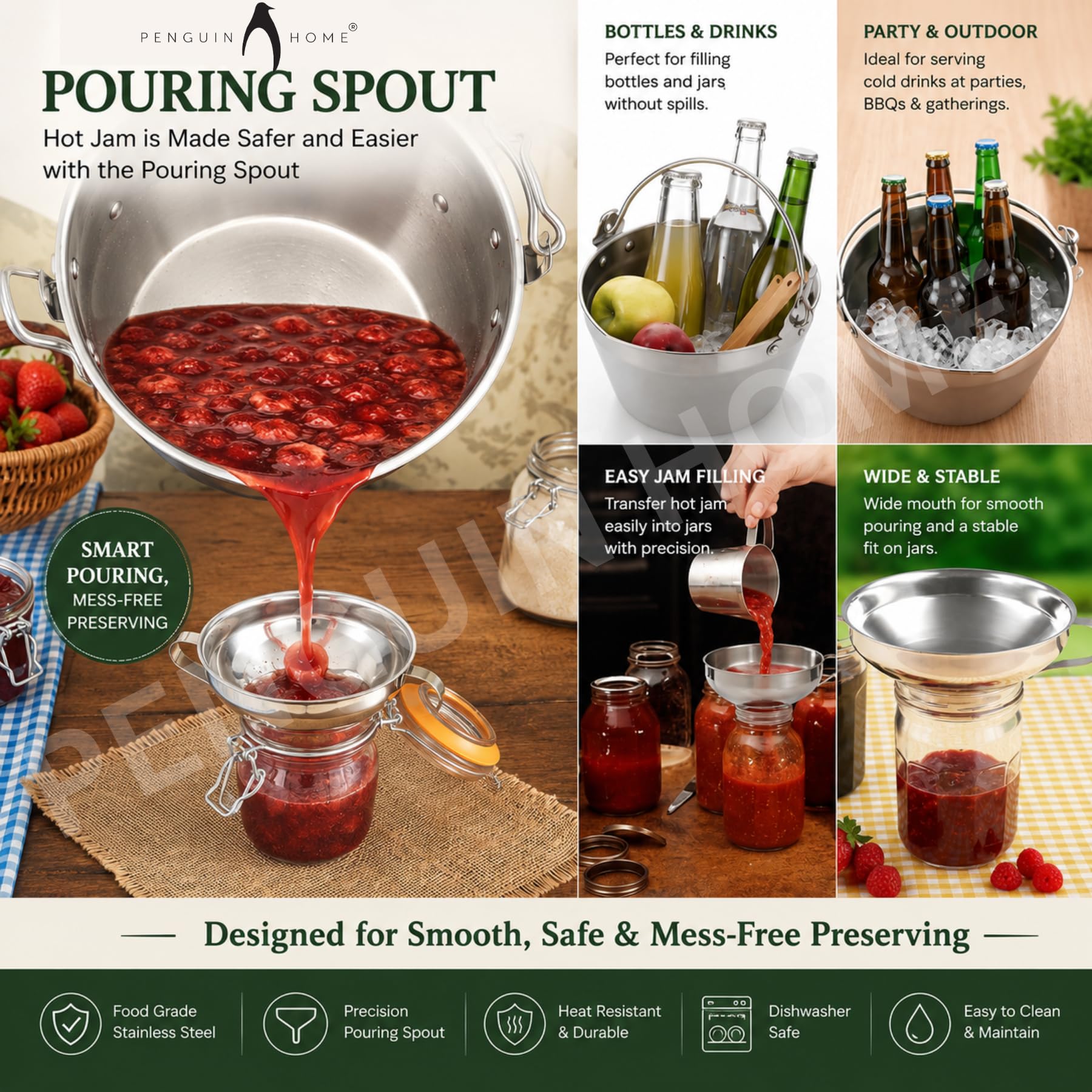Penguin Home Professional Poêle à confiture/Maslin - Capacité de 8.5 litres - Acier inoxydable - Compatible avec toutes les plaques de cuisson - Diamètre 30,5 cm