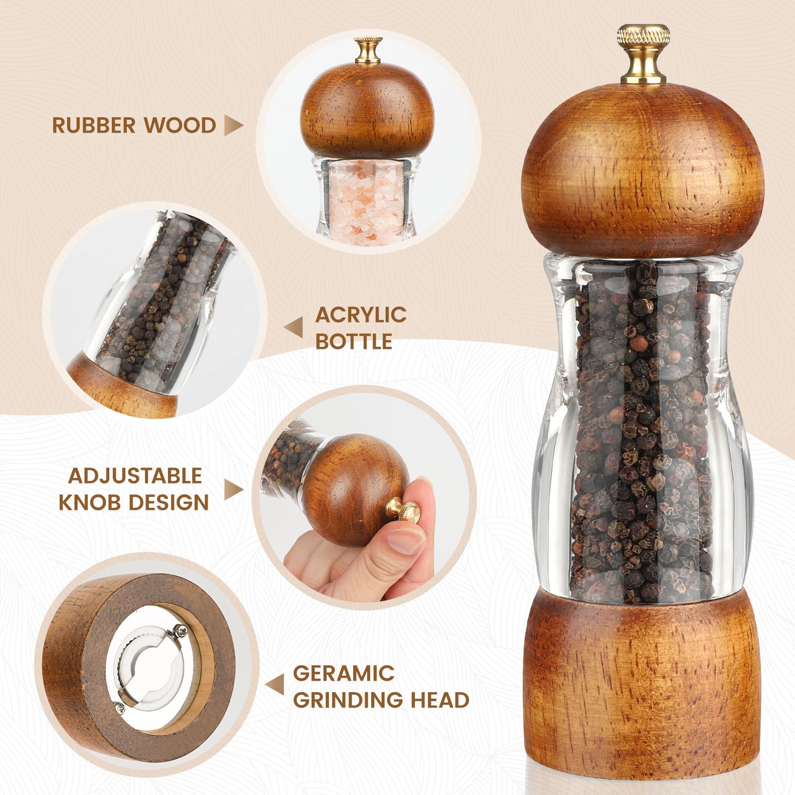 Wellong Houten Zout- en Pepermolen Set, 19,9 cm Zoutmolen met Instelbare Korrelgrootte Pepermolen, Navulbare Handmatige Zoutmolen, Eikenhouten Zout- en Pepermolen voor de Keuken - 2-Pack Wellong Houten Zout- en Pepermolen Set, 19,9 cm Zoutmolen met Instelbare Korrelgrootte Pepermolen, Navulbare Handmatige Zoutmolen, Eikenhouten Zout- en Pepermolen voor de Keuken - 2-Pack