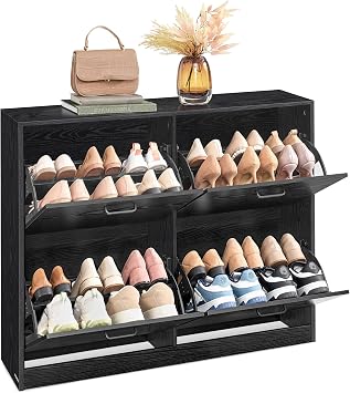 VASAGLE Shoe Storage Cabinet With 4 Flip Drawers, Shoe Cupboard with Doors, Shoe Rack, Shoe Storage, Adjustable Divider, for 16-28 Pairs of Shoes, Shoe Cabinet 105.5 x 24 x 82.7 cm, Black LBC035B01