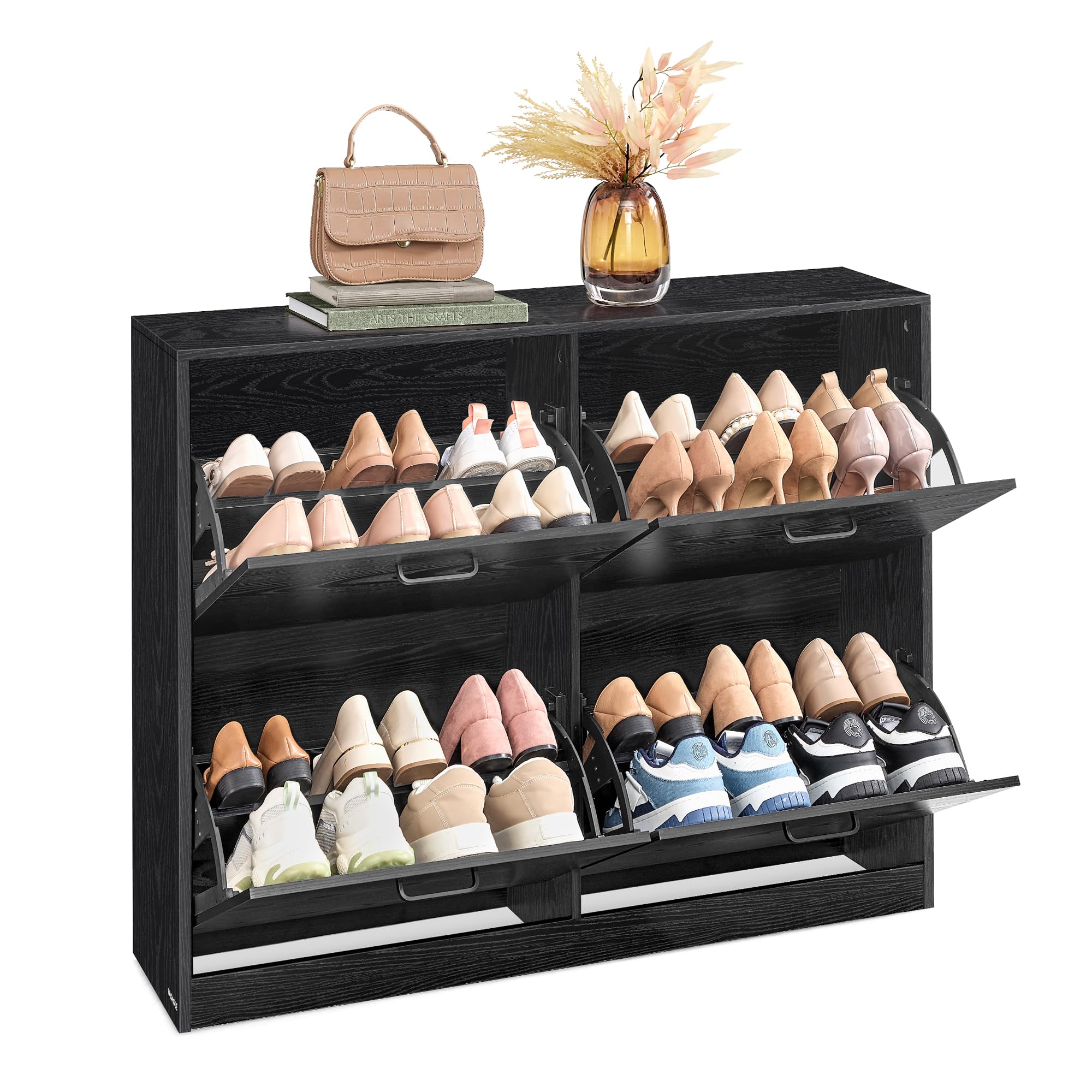 VASAGLE Shoe Storage Cabinet With 4 Flip Drawers, Shoe Cupboard with Doors, Shoe Rack, Shoe Storage, Adjustable Divider, for 16-28 Pairs of Shoes, Shoe Cabinet 105.5 x 24 x 82.7 cm, Black LBC035B01
