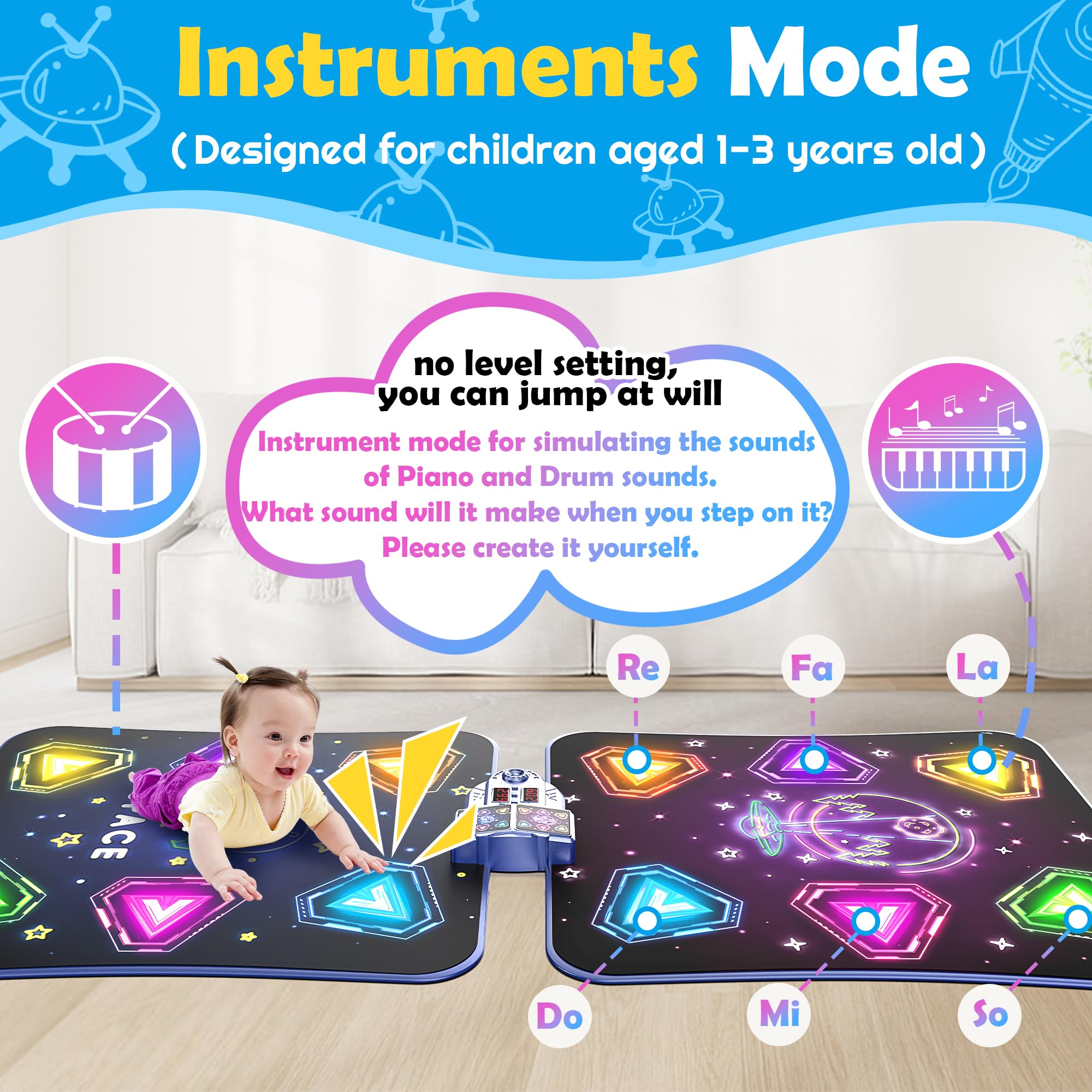 Alfombrillas de baile electrónicas dobles grandes, almohadilla de baile con luz LED y Bluetooth inalámbrico, juguete de baile musical con 6 modos de juego, juego de desafío para jugadores individuales 5