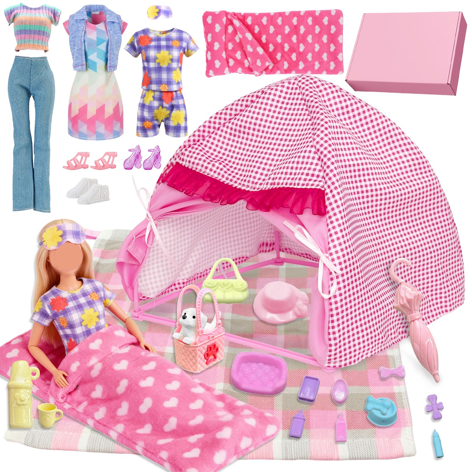 28Pcs Doll Clothes Travel Camping Tent Set Compatible with Barbie, 11.5 Inch Dolls Accessories with Doll Tent Sleep Bag Clothes Picnic Mat Pet Supplies Travel Goods Pet Dog Eye Mask Shoes for Kids