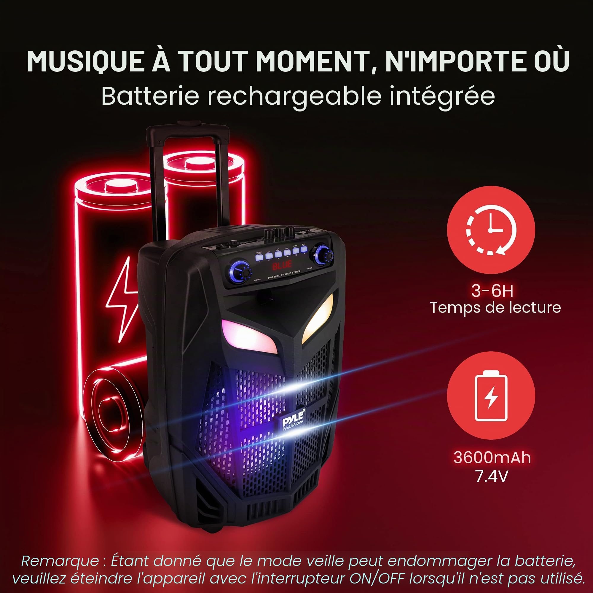 Pyle Enceinte PA Bluetooth Portable 1680 W Max - Haut-Parleur Karaoké 15 Pouces avec Micro sans Fil, Batterie Rechargeable, TWS, Lumières DJ LED, Écran LED, Entrée Micro 6,5 mm, FM, AUX, MP3 USB SD