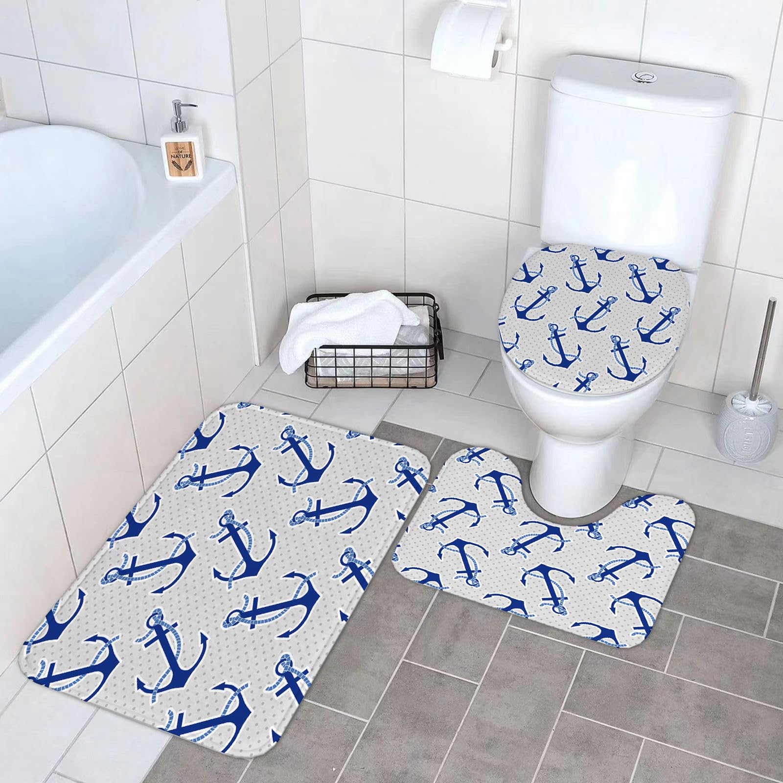 Set di 3 tappetini da Bagno, Lavabili in Lavatrice e Antiscivolo, in Morbida Fibra Superfine, con Motivo a Ancore vettoriali.