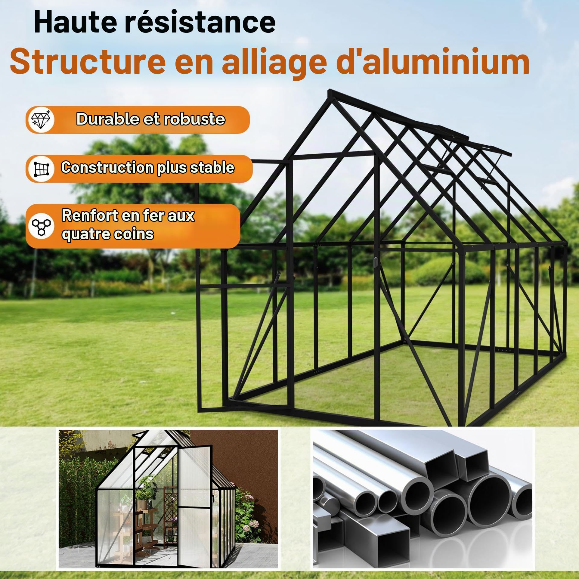 YRHome Serre de jardin en aluminium 280 x 180 x 195 cm 5,04 m² avec fondation renforcée, lucarne, porte résistante aux intempéries et aux températures pour tomates, légumes et plantes