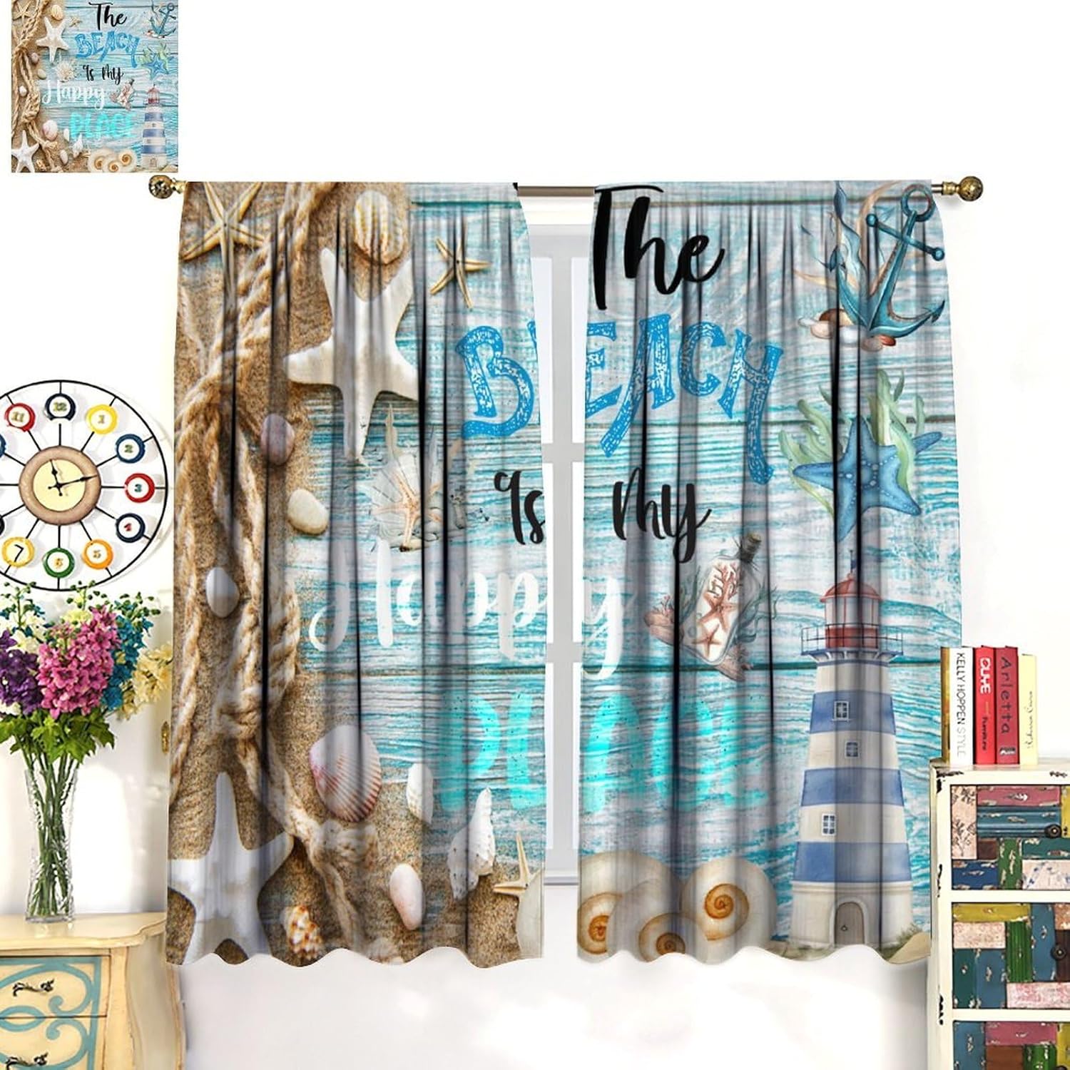 Beach Blackout Curtain Ocean Starfish Sand Seashells Lighthouse Wooden Board Drift Bottle Window Drapes for Bedroom Living Room Kitchen Cafe （W21xL54 Inch） x2 Panels