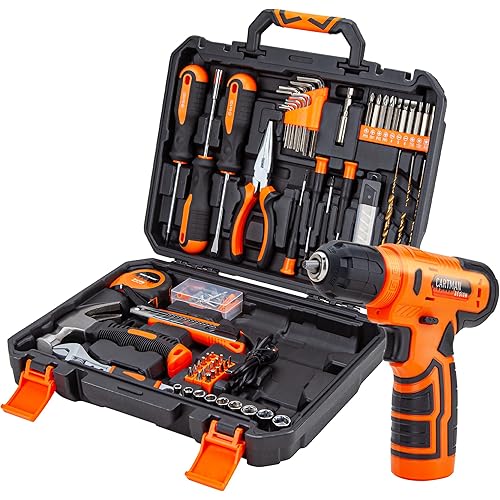 CARTMAN 150-Piece Household Tool Set with 8V Cordless Drill Driver Kit, Complete Hand Tool Set for Home Maintenance, DIY Projects, Orange