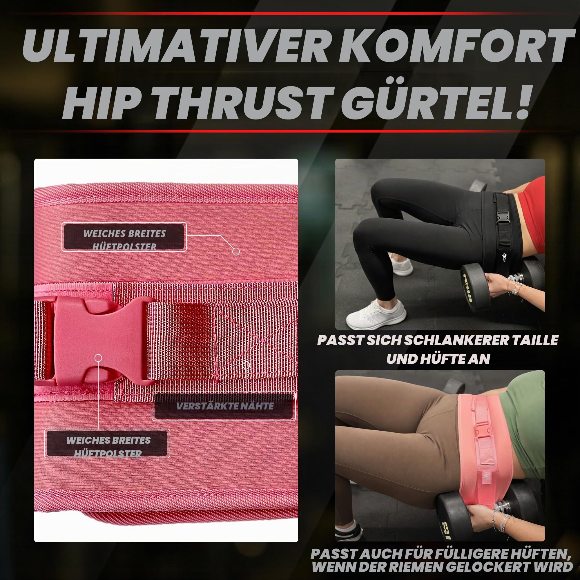 Hip Thrust Gürtel für Hantel- und Kettlebell-Gewichte, Booty Belt für Hüftübungen, Glute Bridge und Core Training, stabiler Lastgürtel bis 30 kg je Seite, verstellbar für Damen und Herren