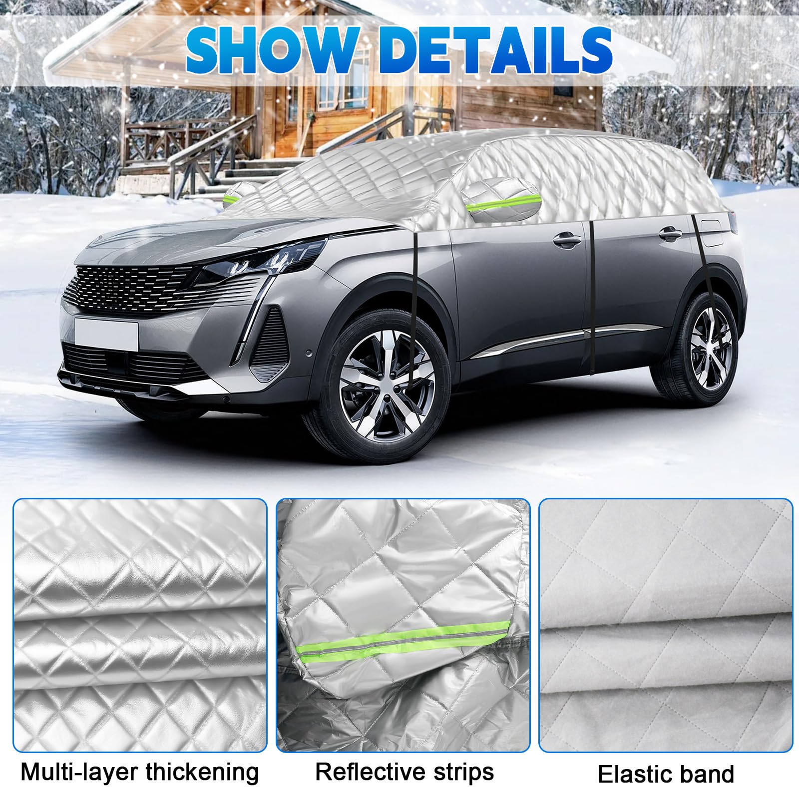 Funda de Coche Exterior Compatible con Peugeot 5008 T87 P87 2009-2025, 6 Capas Media Funda Coche con Ganchos, Tira Reflectante y Tapones para Orejas para Protección contra Hielo y Nieve